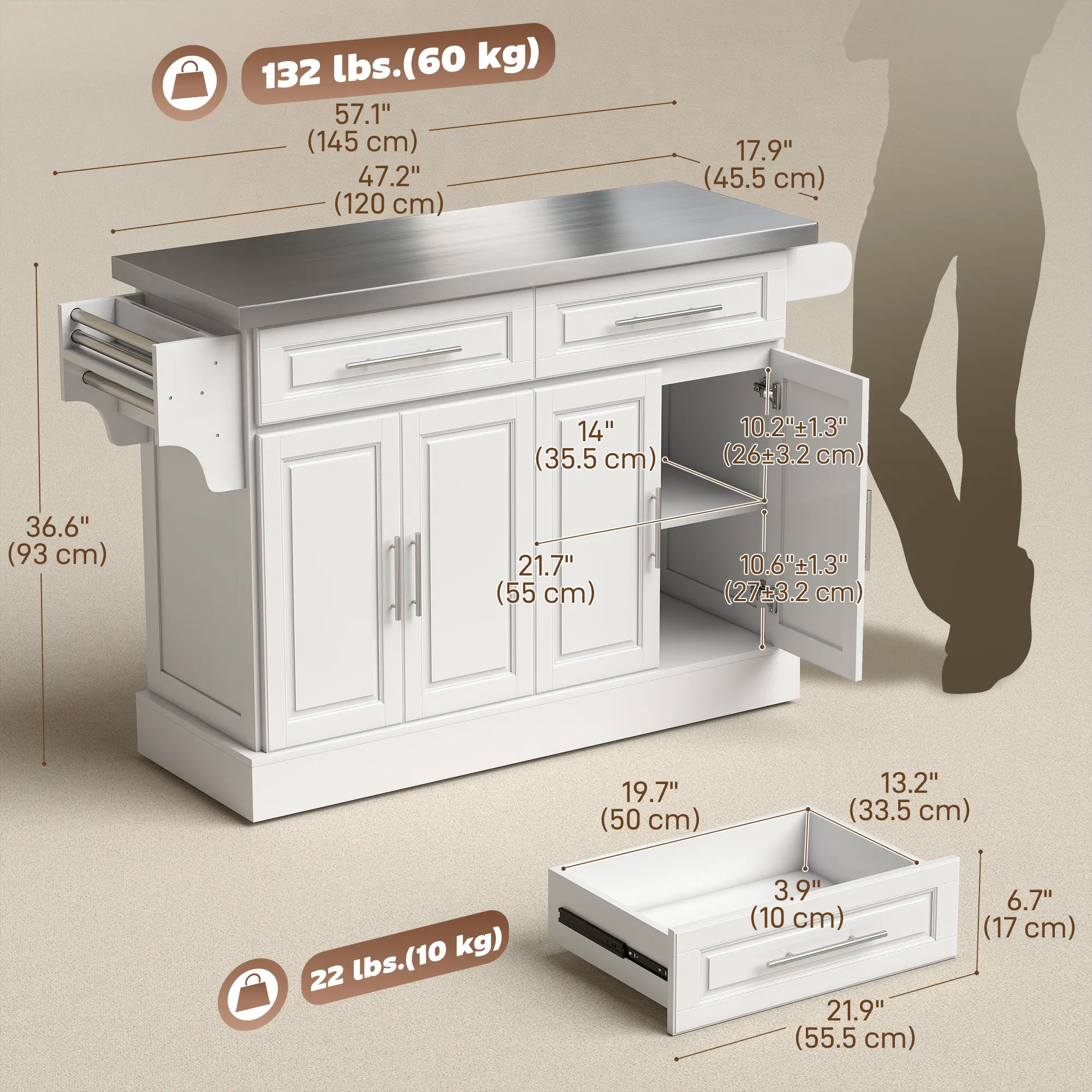 Rolling Kitchen Island with Storage, Stainless Steel Top, Drawers, Cabinets - Image 3