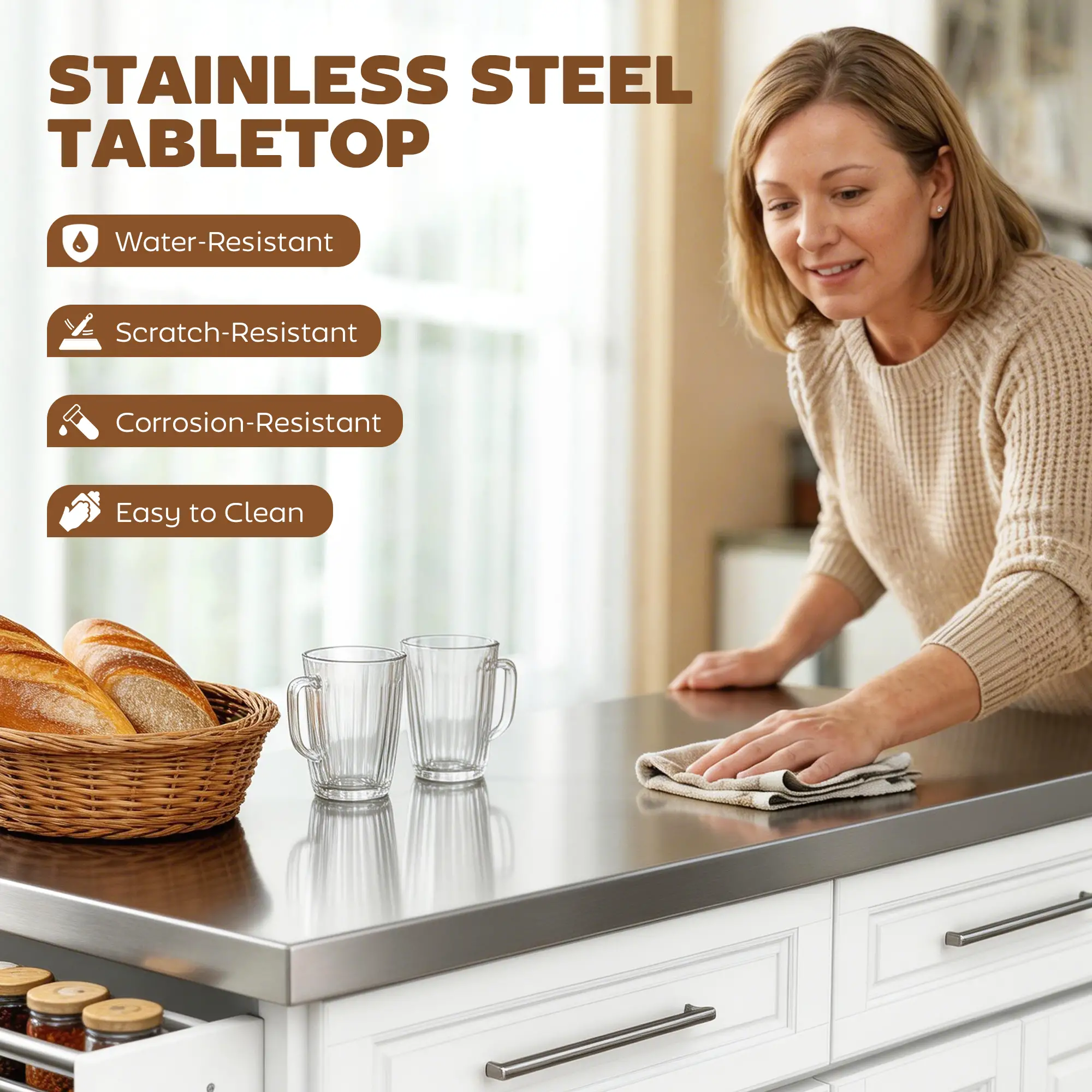 Rolling Kitchen Island with Storage, Stainless Steel Top, Drawers, Cabinets - Image 4
