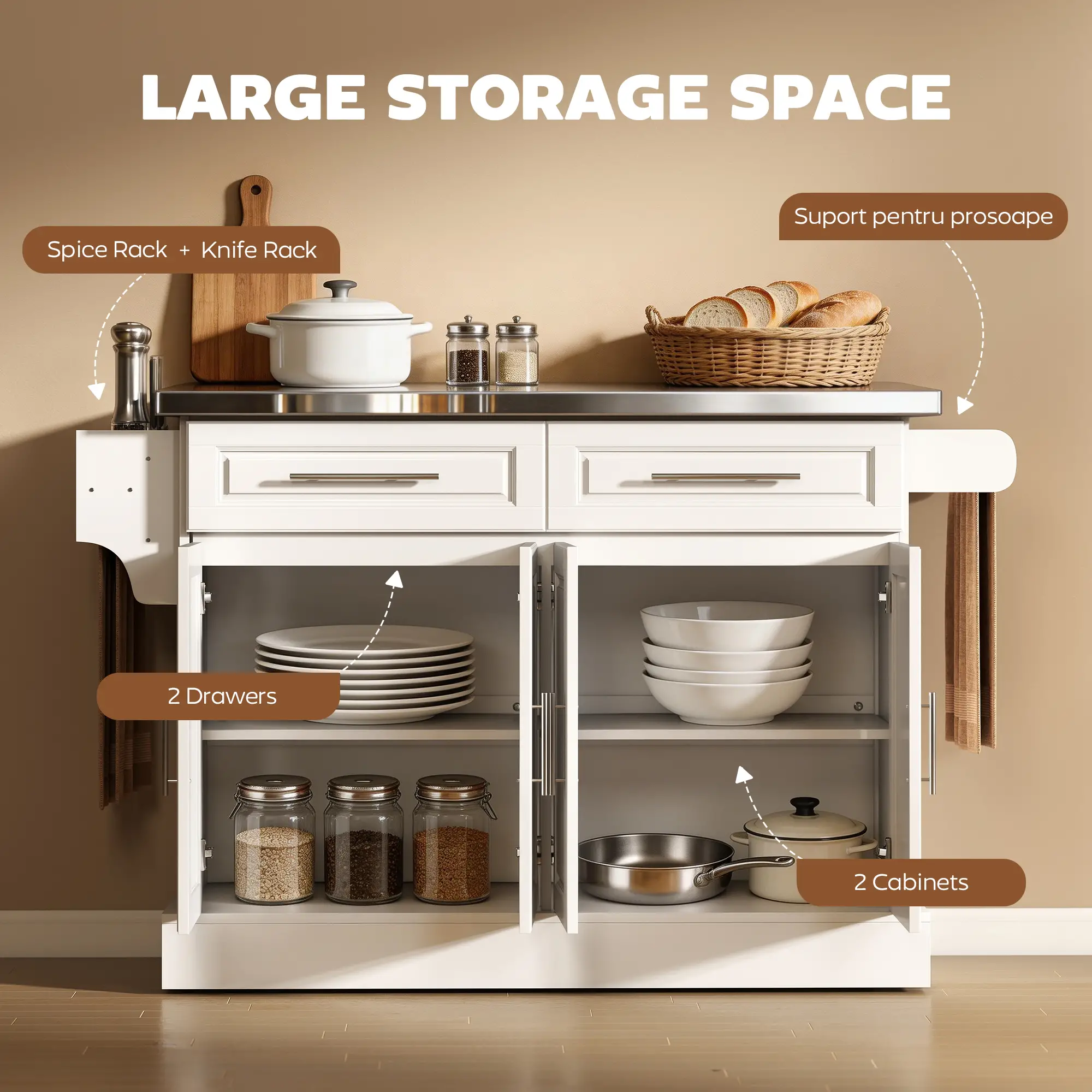 Rolling Kitchen Island with Storage, Stainless Steel Top, Drawers, Cabinets - Image 5