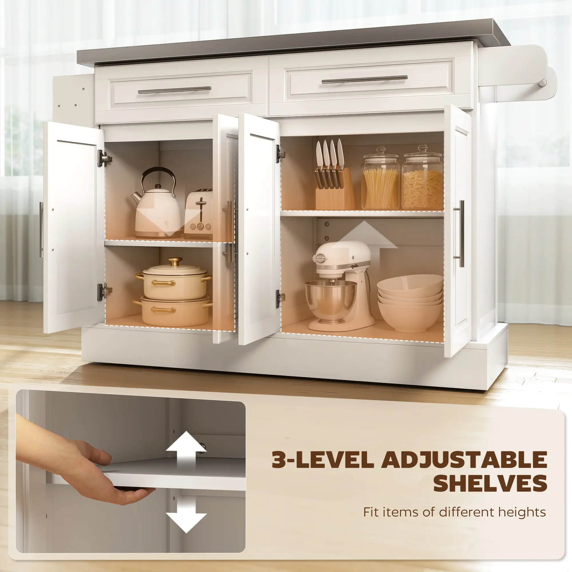 Rolling Kitchen Island with Storage, Stainless Steel Top, Drawers, Cabinets - Image 6