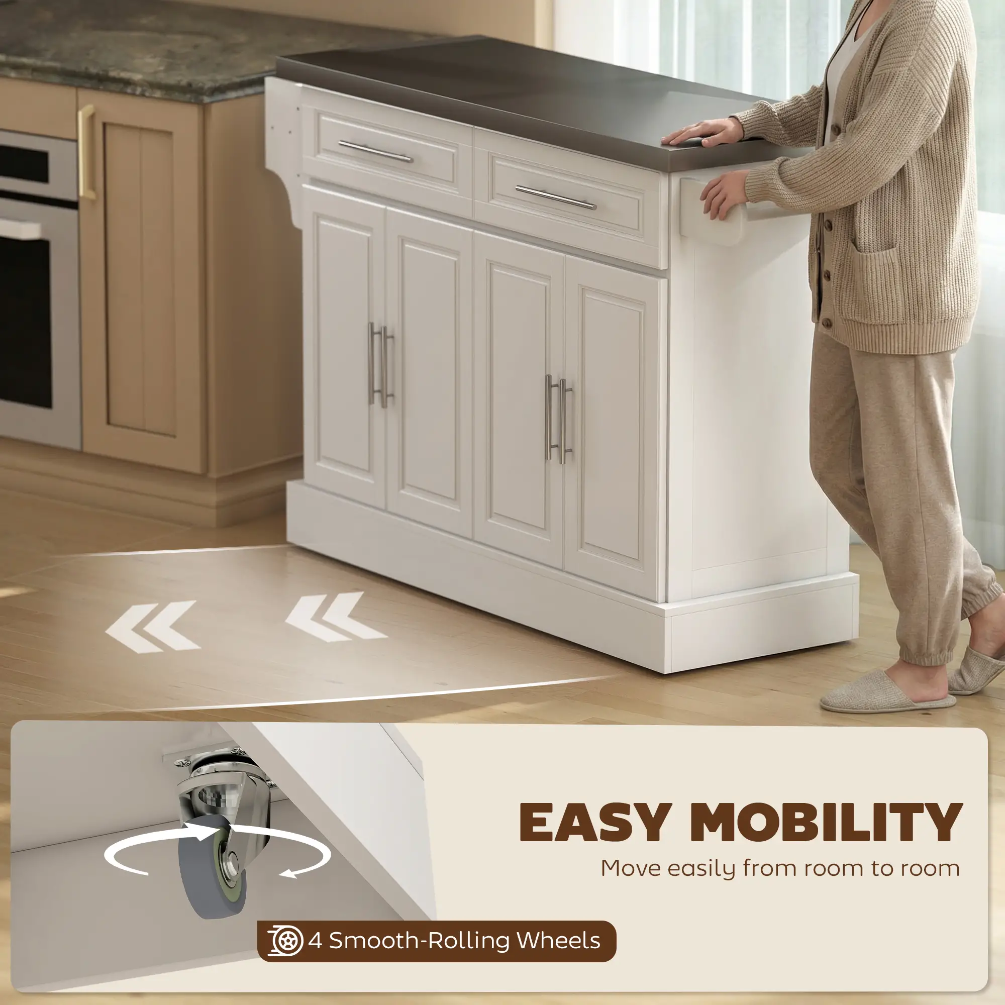 Rolling Kitchen Island with Storage, Stainless Steel Top, Drawers, Cabinets - Image 7