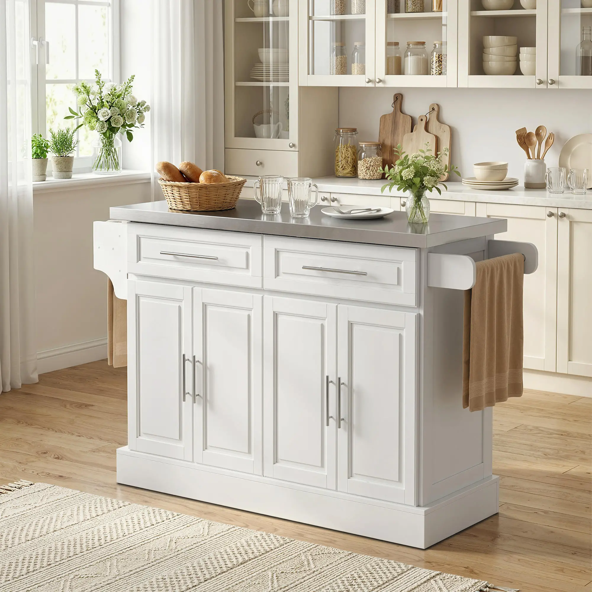 Rolling Kitchen Island with Storage, Stainless Steel Top, Drawers, Cabinets - Image 8