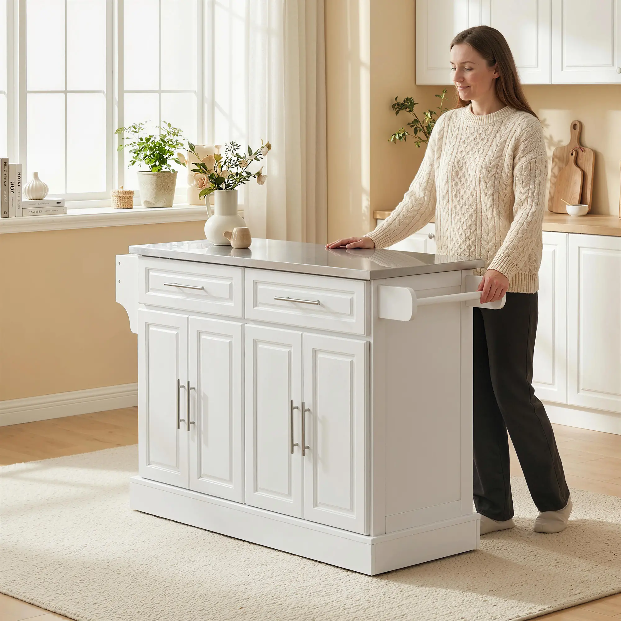 Rolling Kitchen Island with Storage, Stainless Steel Top, Drawers, Cabinets - Image 9