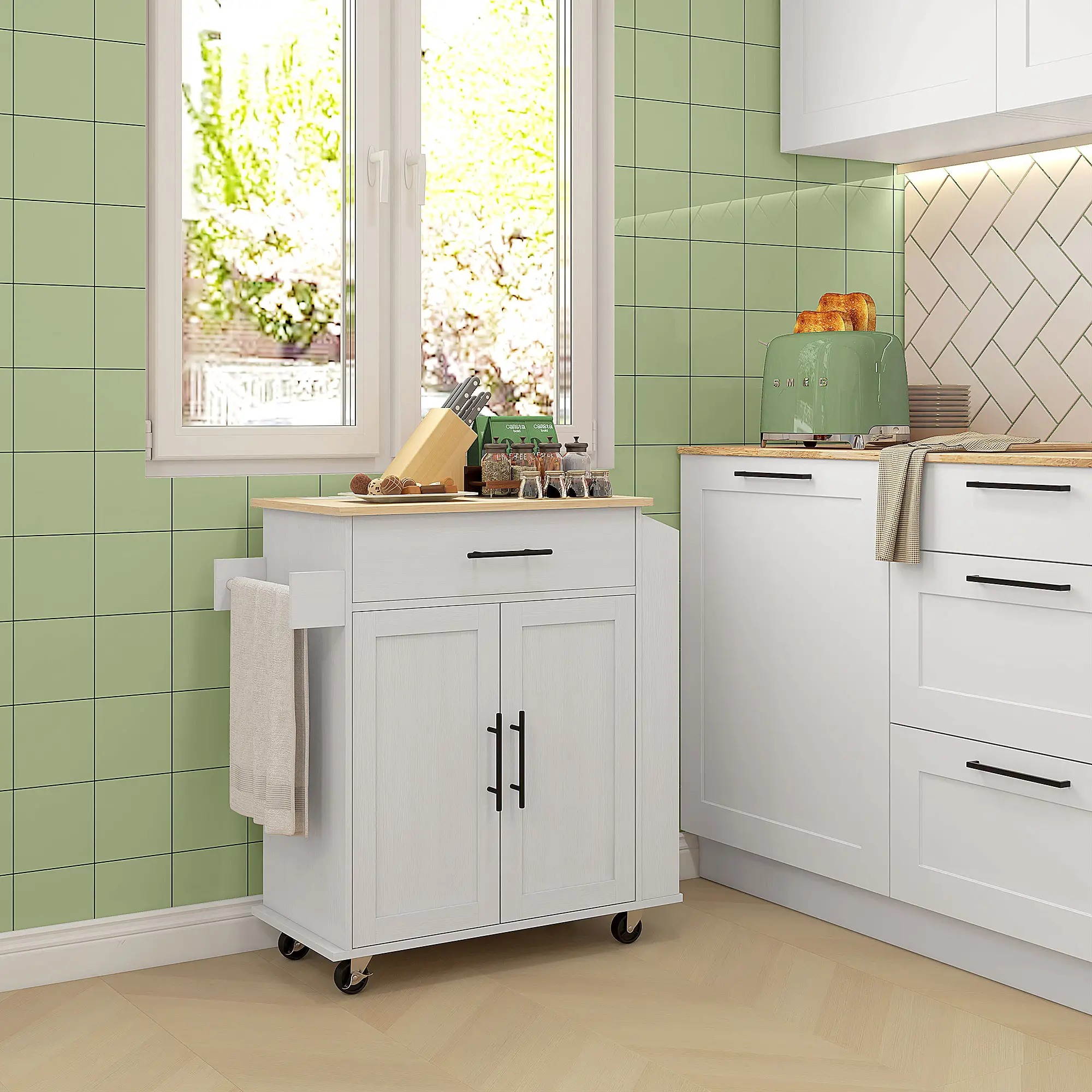 Rolling Kitchen Island with Wheels, Power Outlets, Drawer, Doors - Image 10