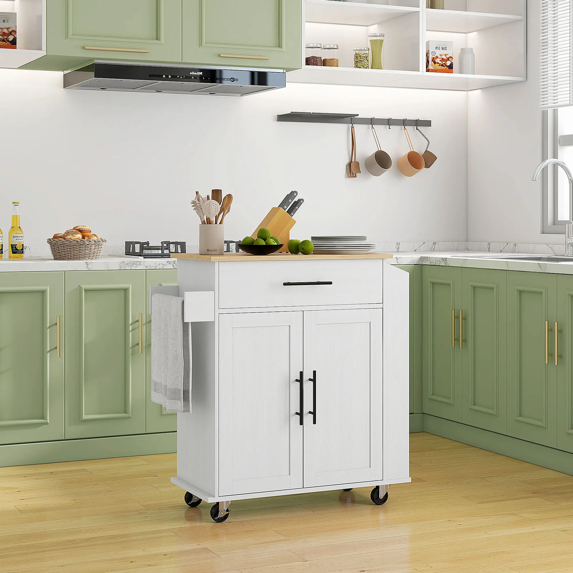 Rolling Kitchen Island with Wheels, Power Outlets, Drawer, Doors - Image 2