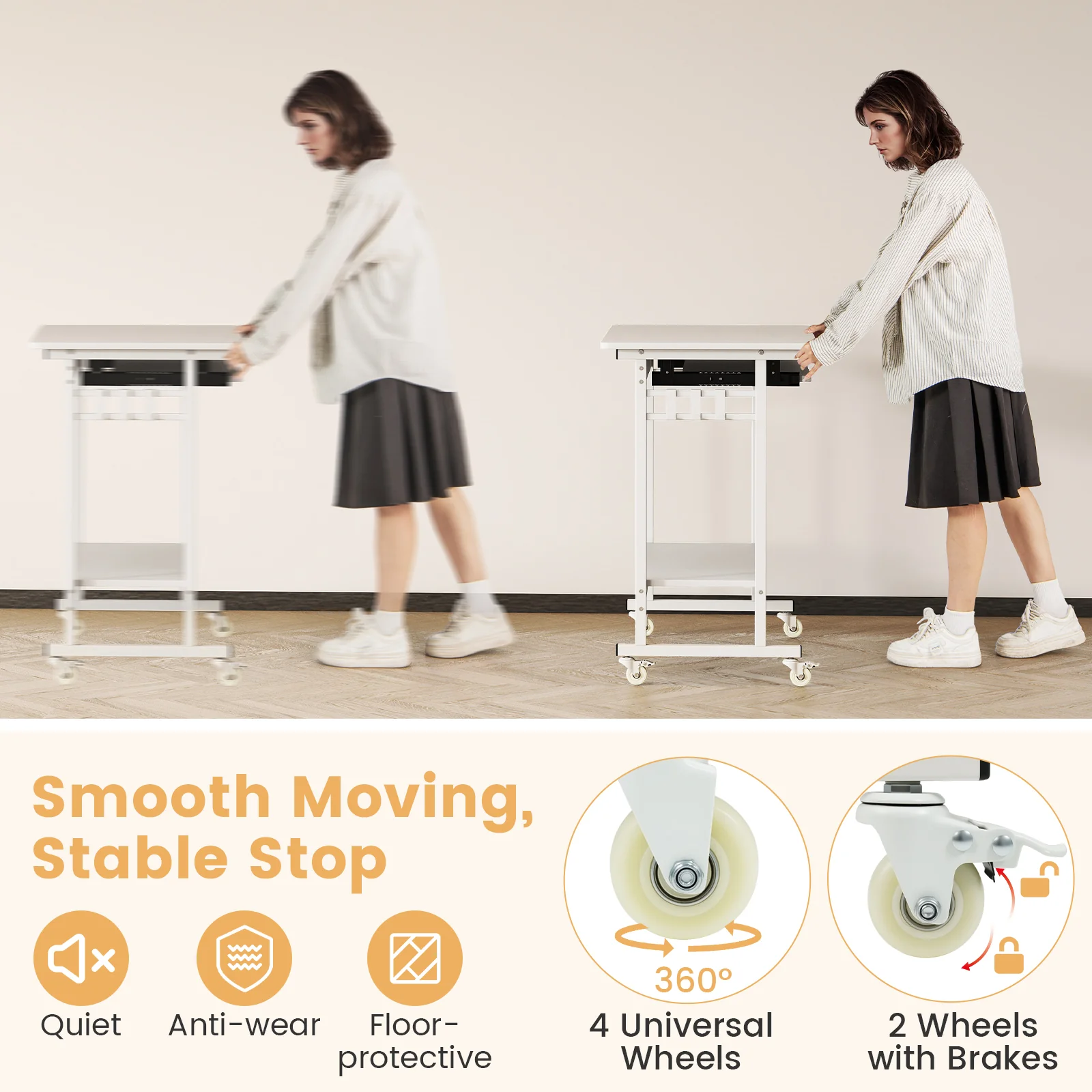Rolling Laptop Table with Pull-out Keyboard Tray and Hooks, White - Image 10