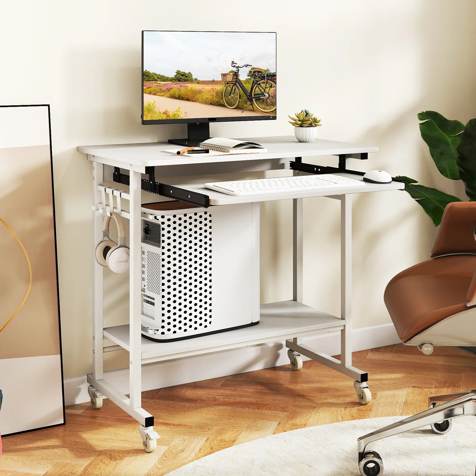 Rolling Laptop Table with Pull-out Keyboard Tray and Hooks, White - Image 2