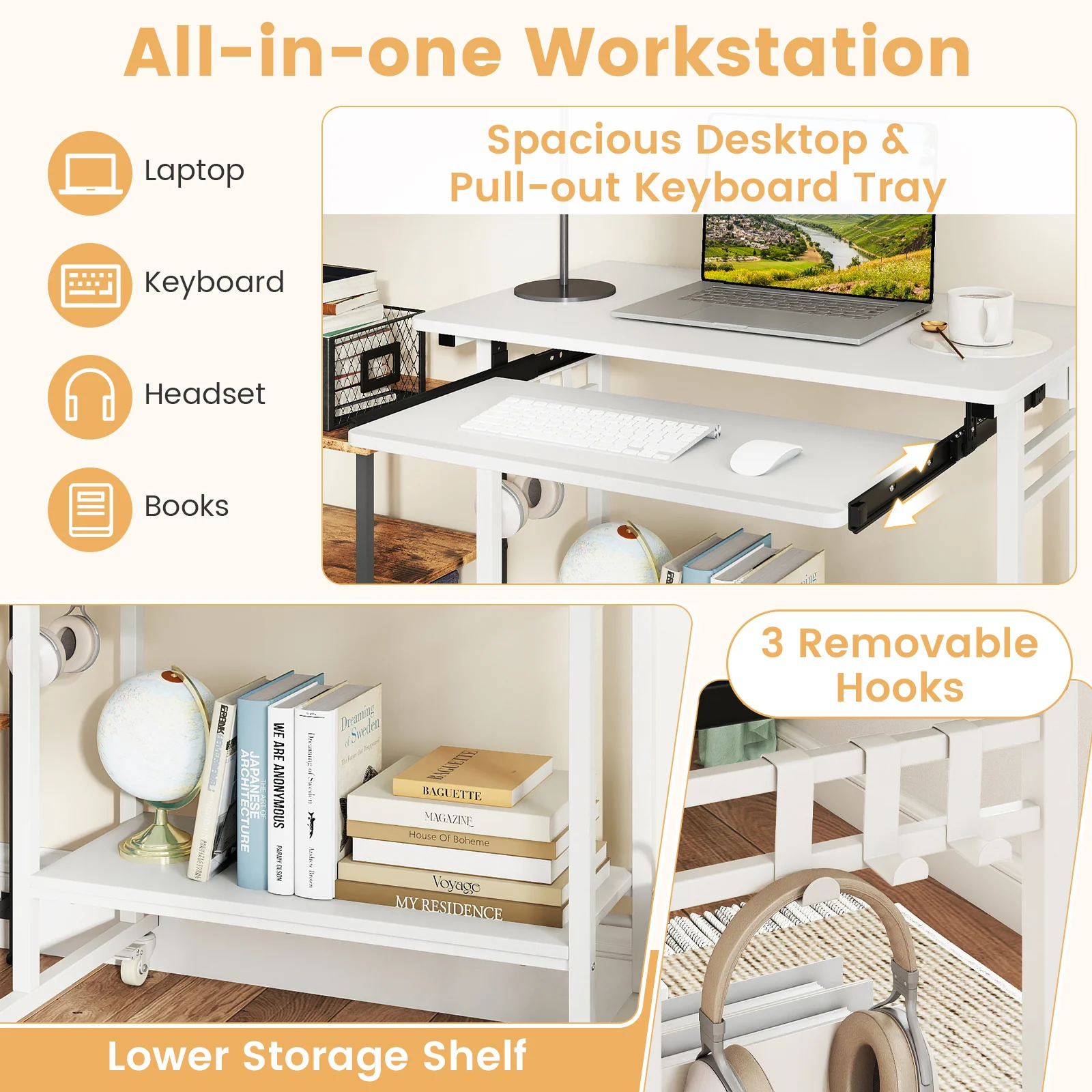 Rolling Laptop Table with Pull-out Keyboard Tray and Hooks, White - Image 9