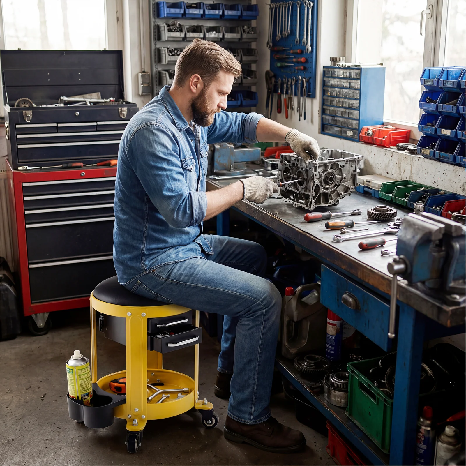 Rolling Mechanic Stool, Removable Padded Seat, Drawers, Yellow - Image 2