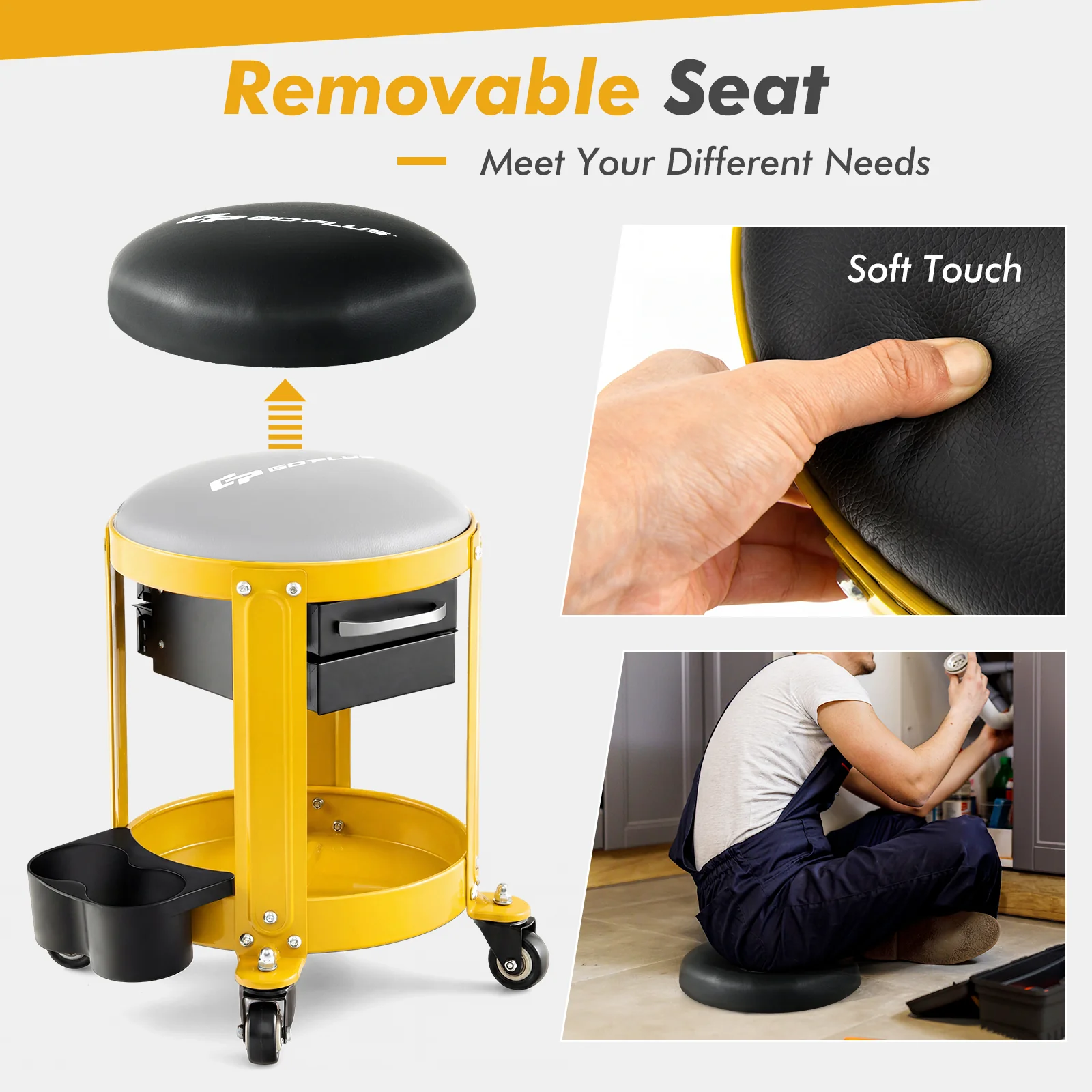 Rolling Mechanic Stool, Removable Padded Seat, Drawers, Yellow - Image 7