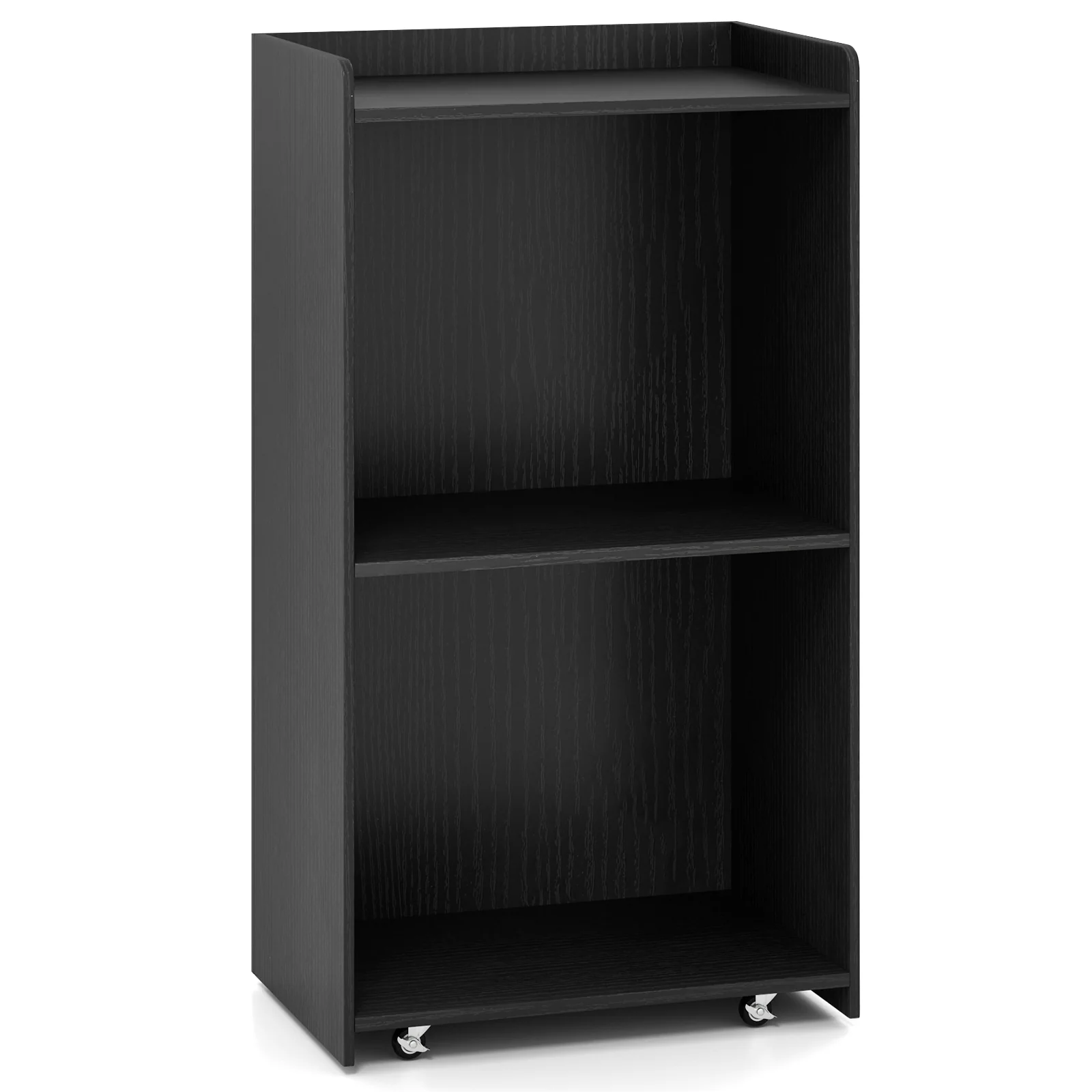 Rolling Podium Stand, 2 Shelves, Lockable Wheels, Black