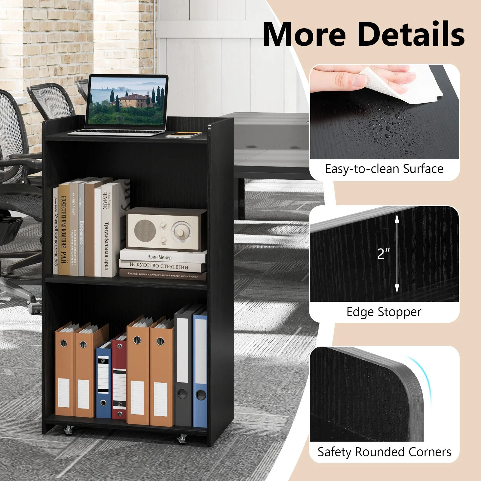 Rolling Podium Stand, 2 Shelves, Lockable Wheels, Black - Image 10
