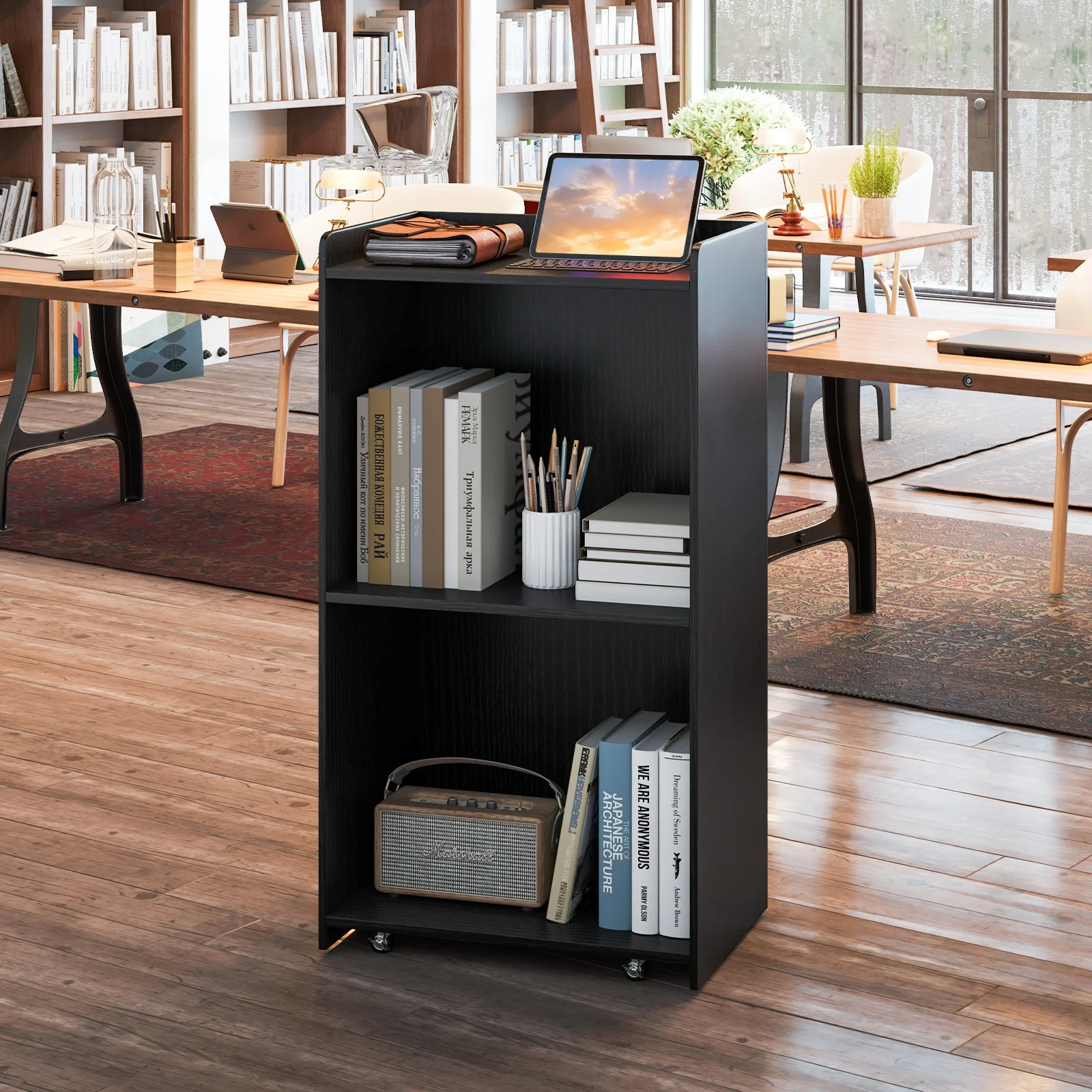 Rolling Podium Stand, 2 Shelves, Lockable Wheels, Black - Image 2