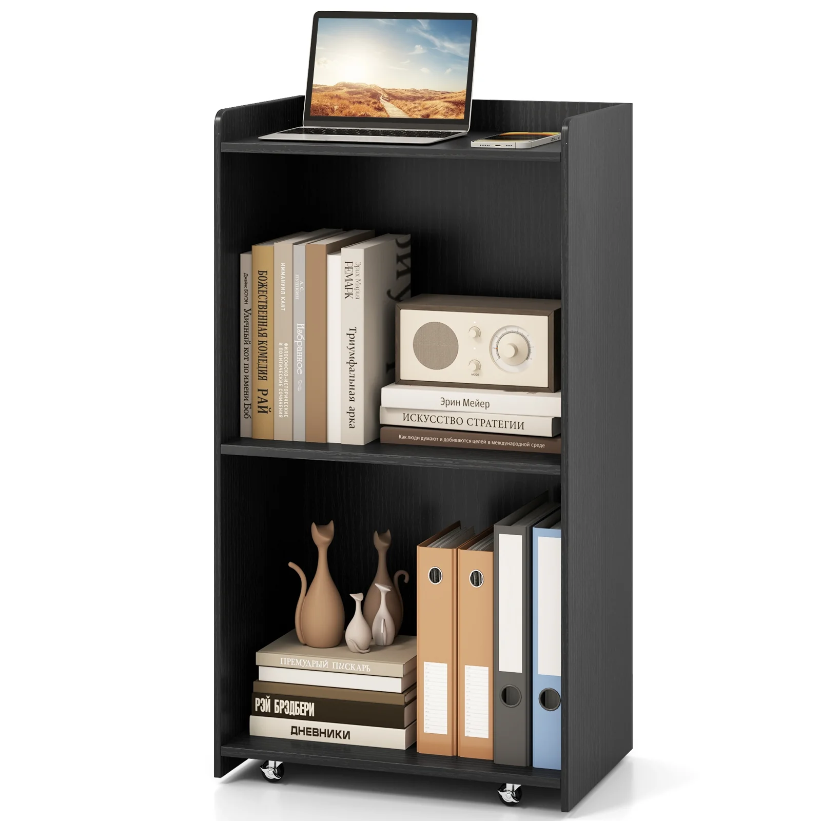 Rolling Podium Stand, 2 Shelves, Lockable Wheels, Black - Image 5