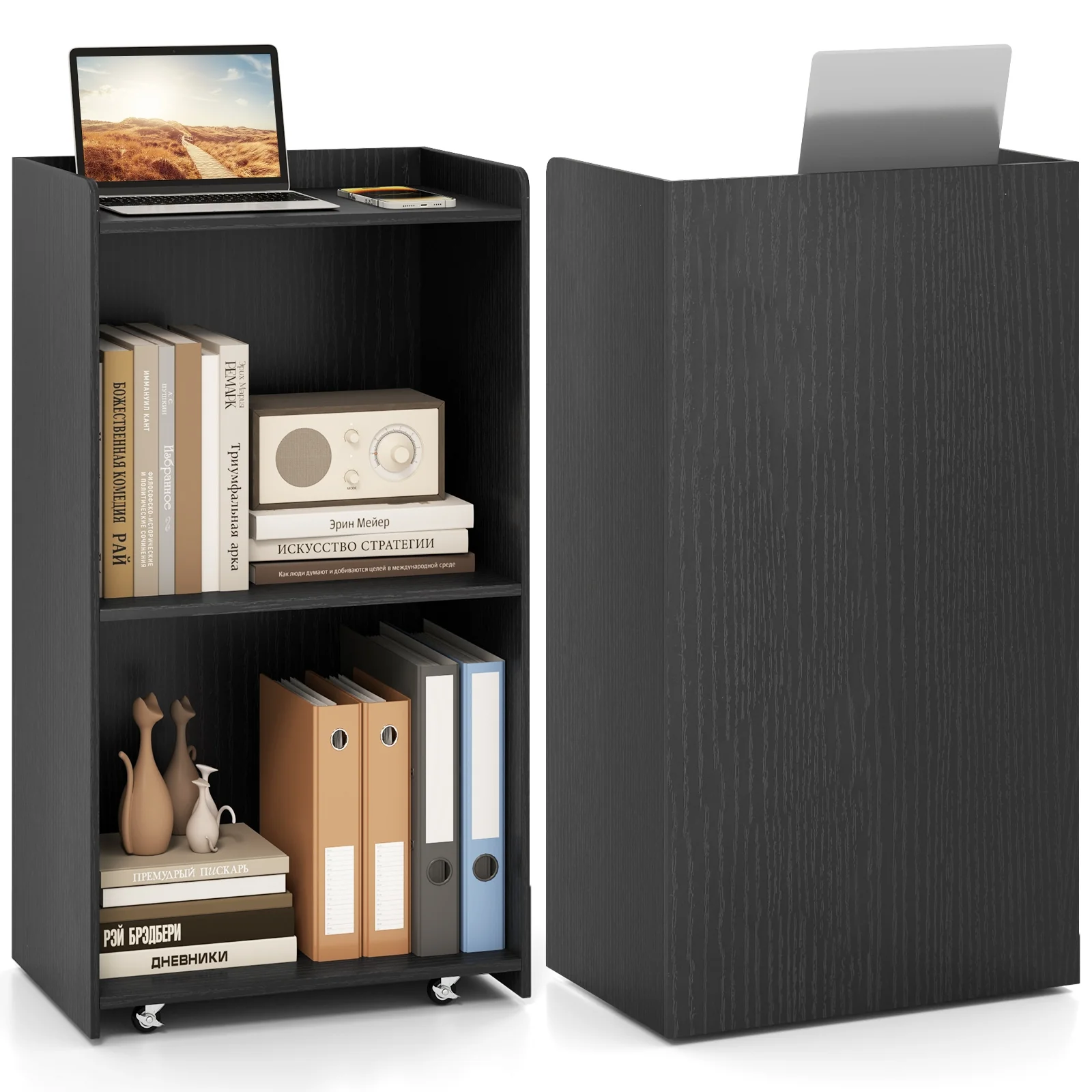 Rolling Podium Stand, 2 Shelves, Lockable Wheels, Black - Image 7
