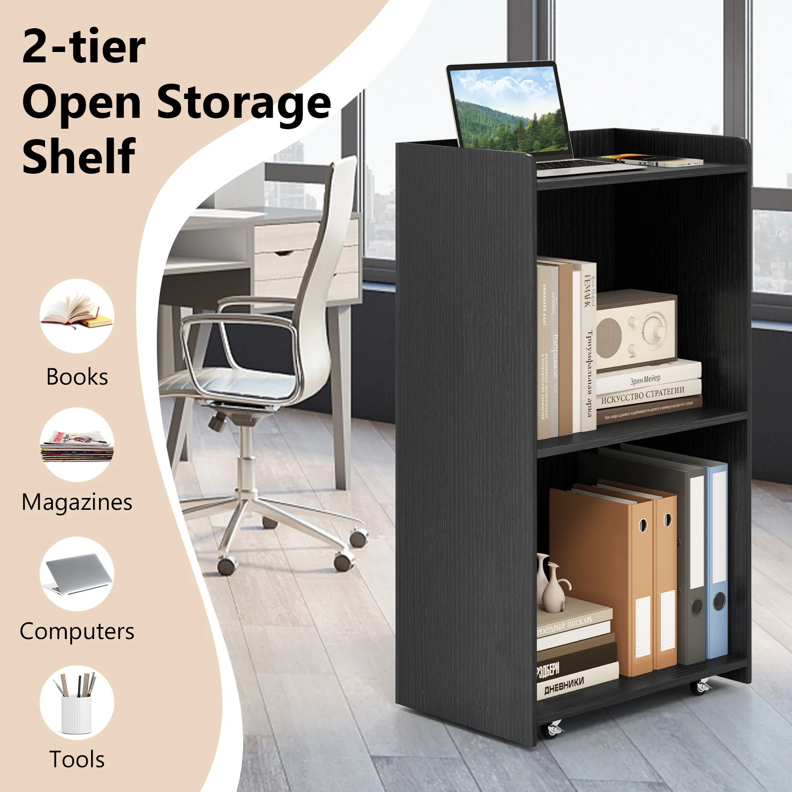 Rolling Podium Stand, 2 Shelves, Lockable Wheels, Black - Image 9