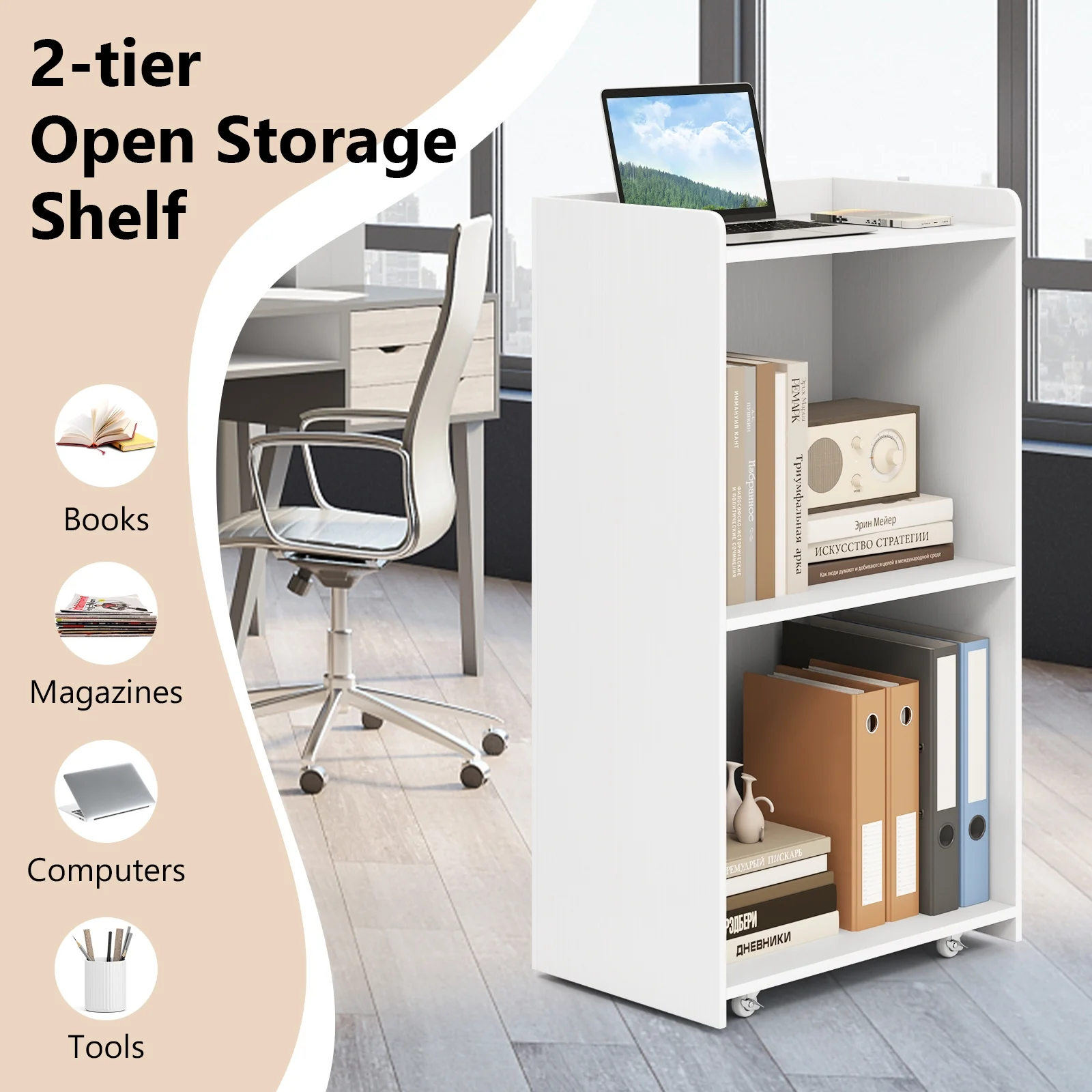 Rolling Podium Stand, 2 Shelves, Lockable Wheels, White - Image 10