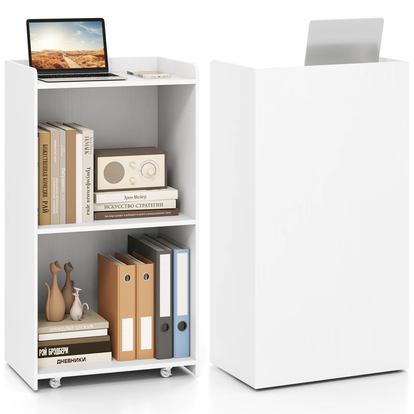 Rolling Podium Stand, 2 Shelves, Lockable Wheels, White - Image 8
