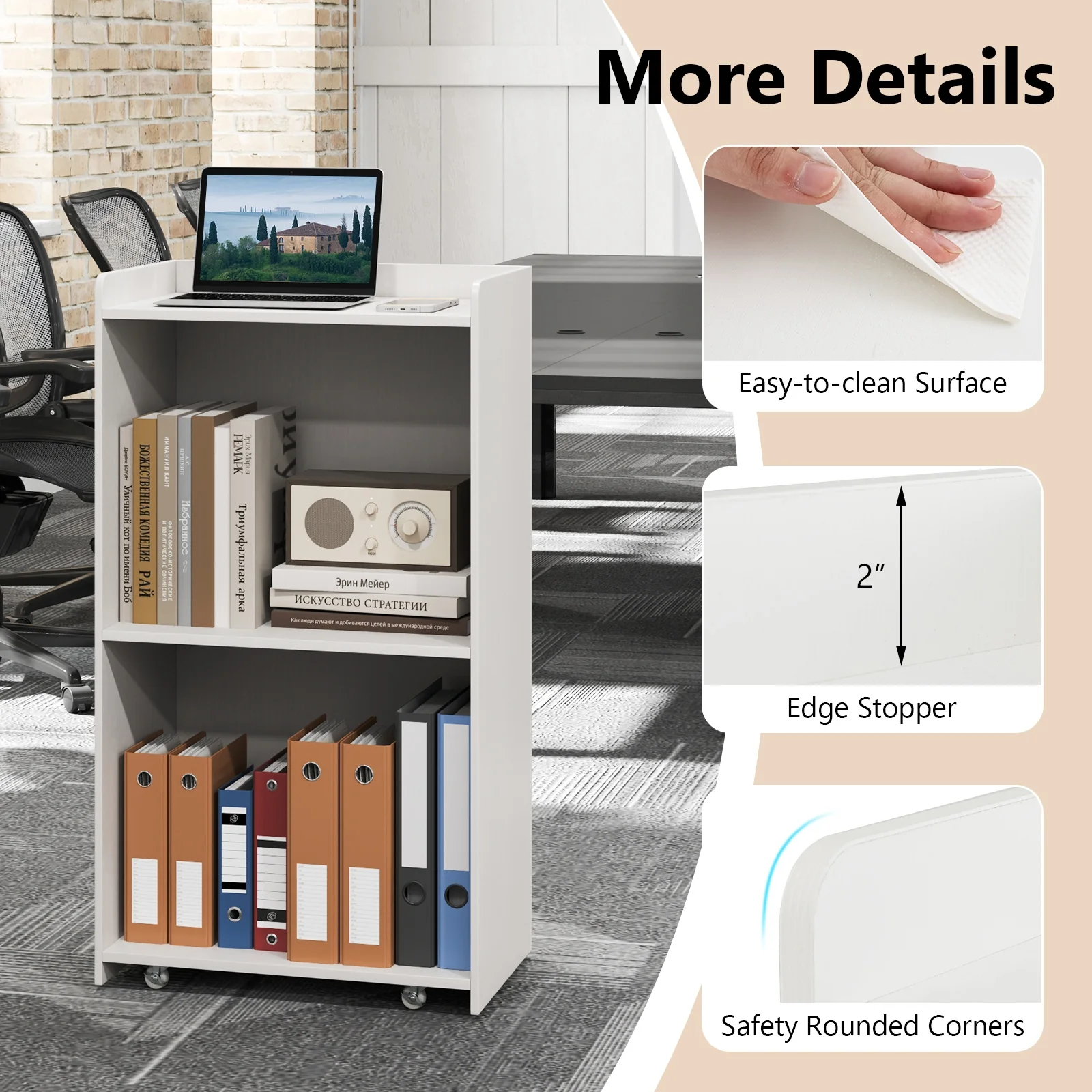 Rolling Podium Stand, 2 Shelves, Lockable Wheels, White - Image 9