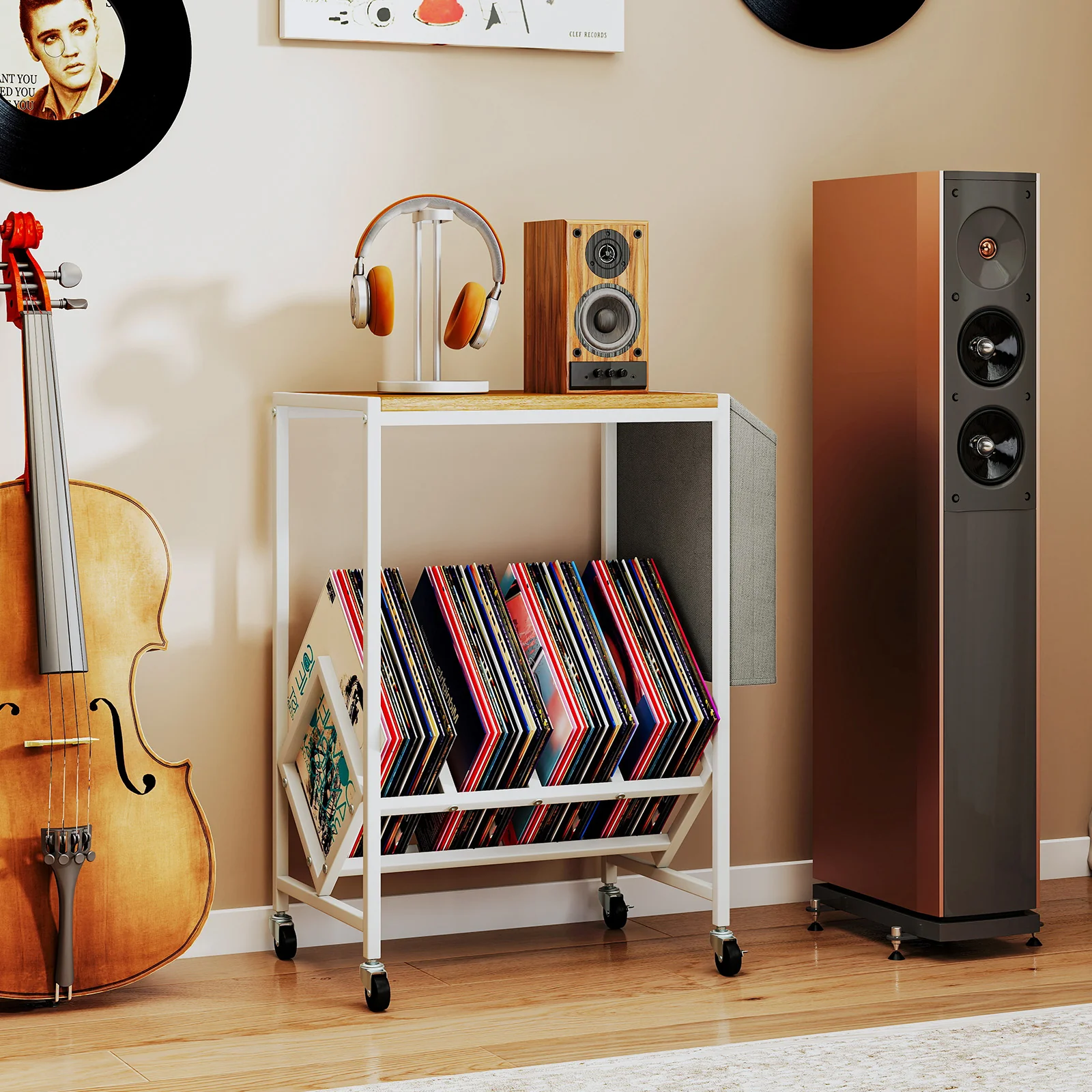 Rolling Record Player Stand, 2-Tier Vinyl Storage, Magazine Holder Bag, Natural - Image 3