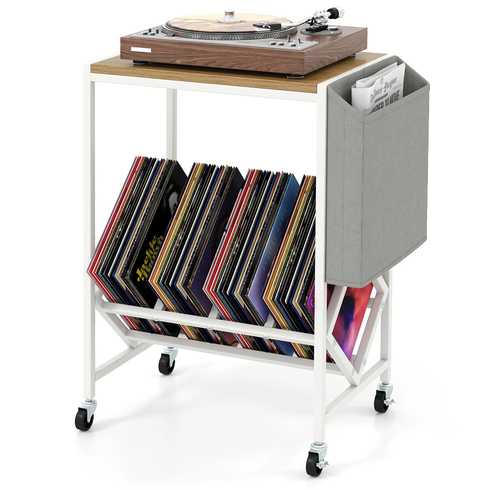Rolling Record Player Stand, 2-Tier Vinyl Storage, Magazine Holder Bag, Natural - Image 5