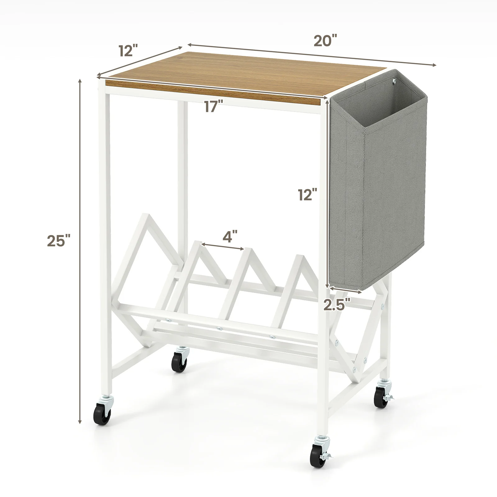 Rolling Record Player Stand, 2-Tier Vinyl Storage, Magazine Holder Bag, Natural - Image 6
