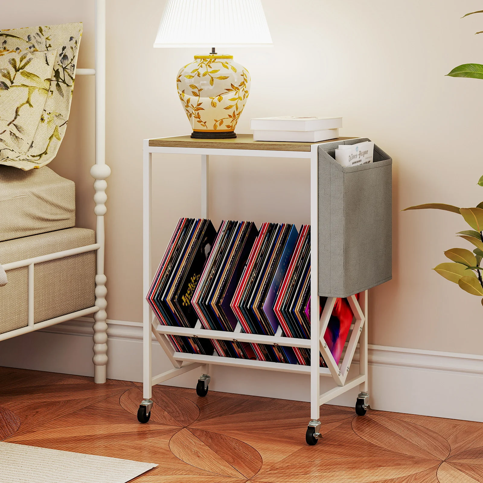 Rolling Record Player Stand, 2-Tier Vinyl Storage, Magazine Holder Bag, Natural - Image 7