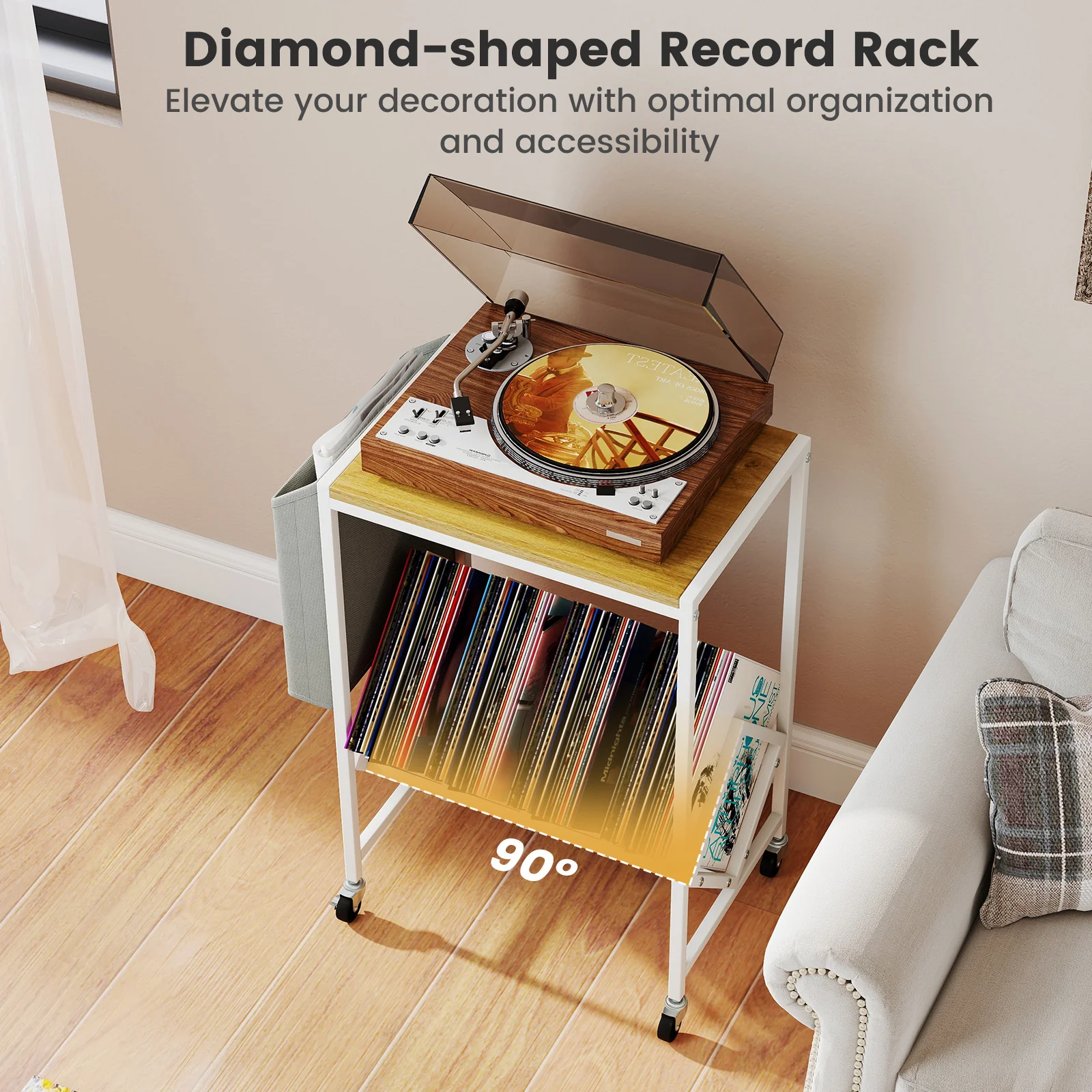 Rolling Record Player Stand, 2-Tier Vinyl Storage, Magazine Holder Bag, Natural - Image 9