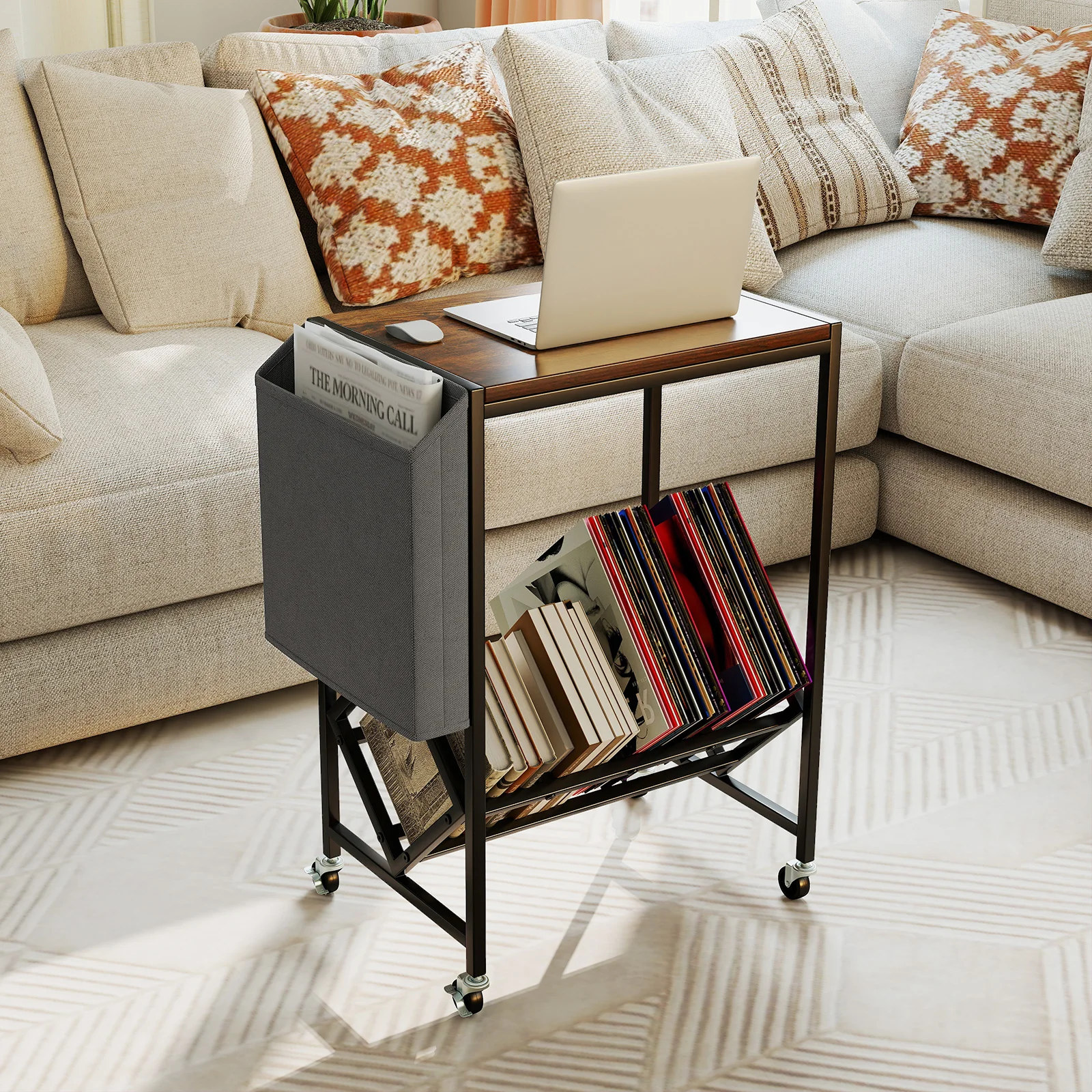 Rolling Record Player Stand, 2-Tier Vinyl Storage, Magazine Holder, Brown - Image 3