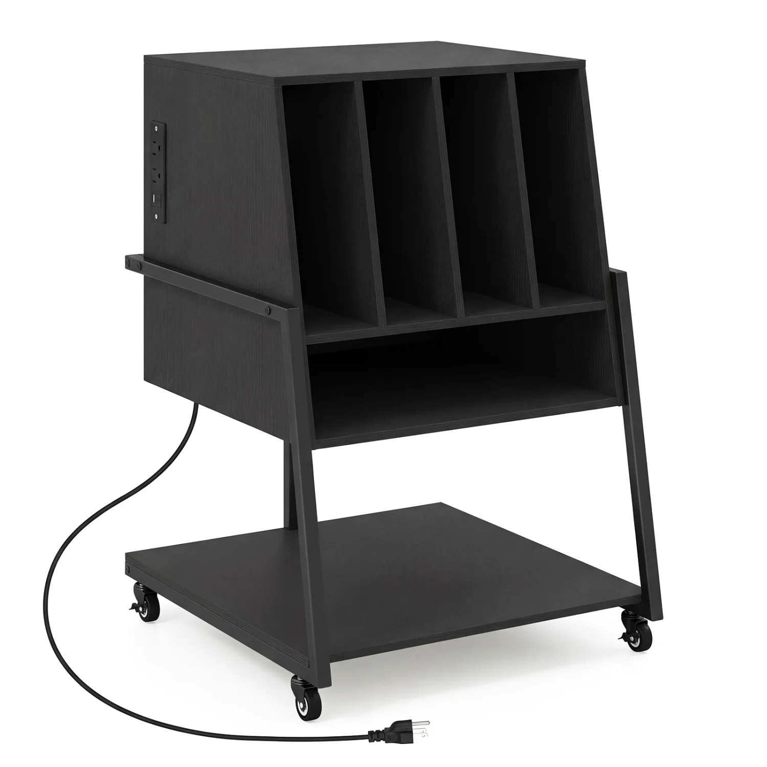 Rolling Record Player Stand with Power Outlets, Black