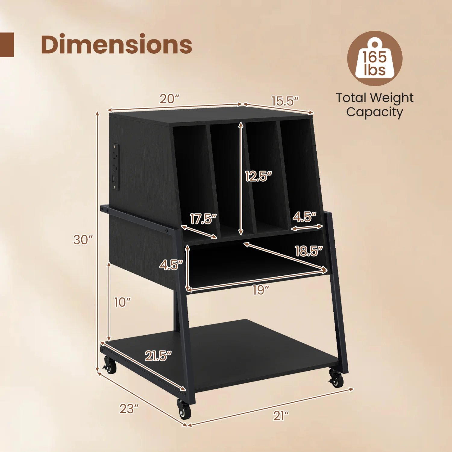 Rolling Record Player Stand with Power Outlets, Black - Image 5