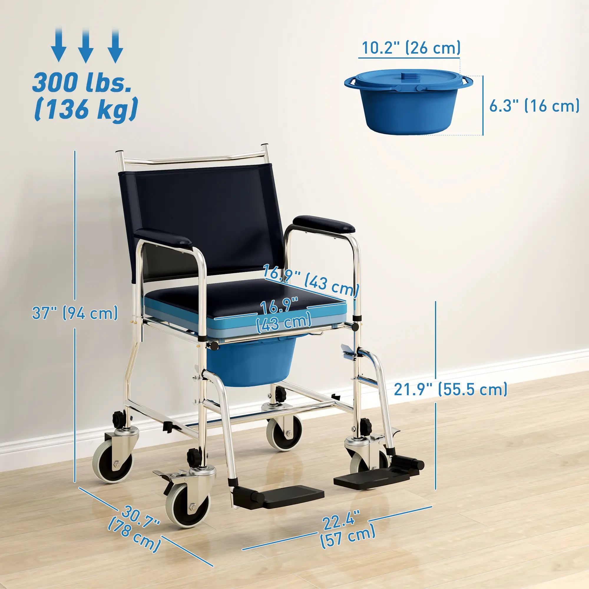 Rolling Shower Chair, Bedside Commode Wheelchair, Padded Seat, 300 lbs, Black - Image 3