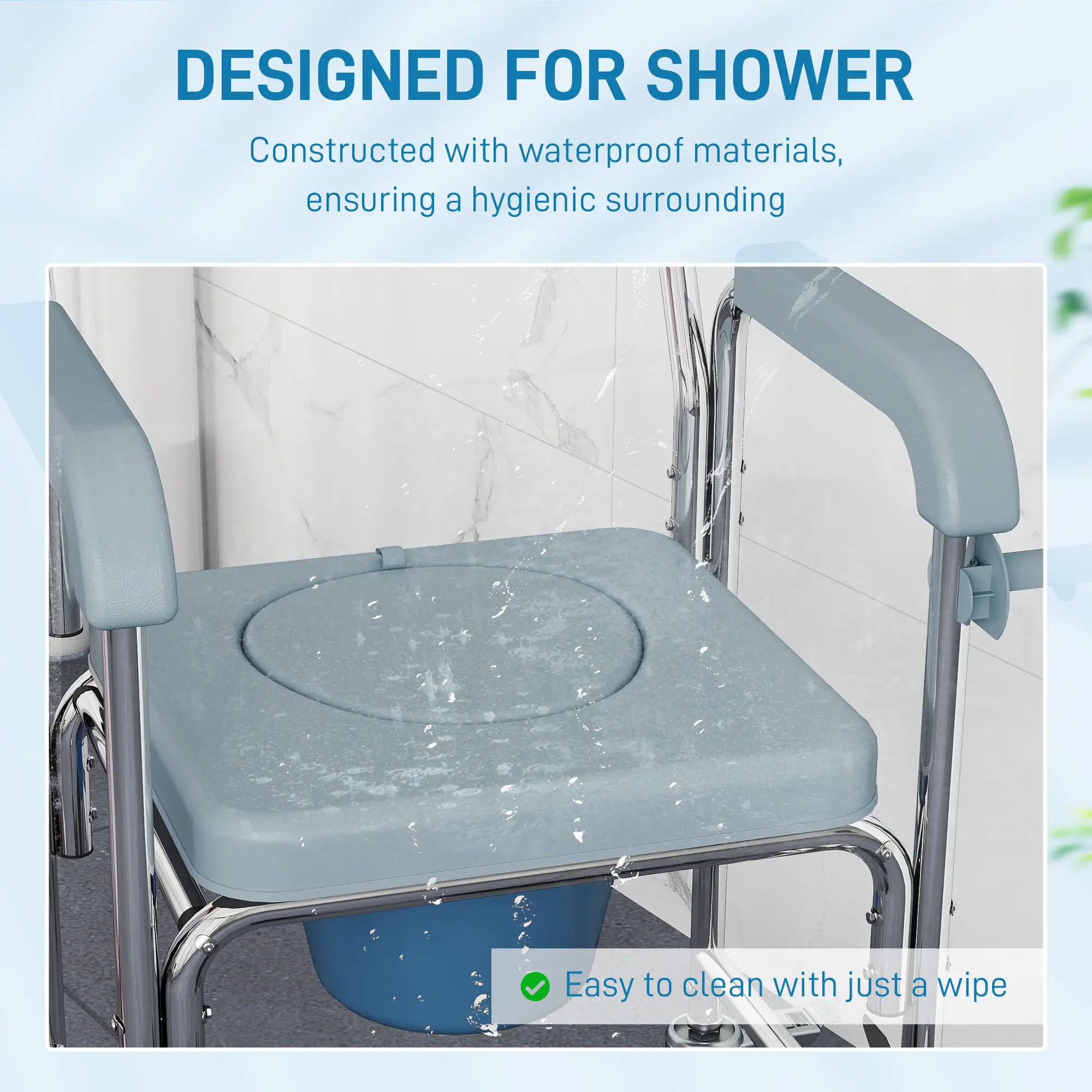 Rolling Shower Chair, Commode with Wheels, Backrest, Arms, Flip Footrests, Grey - Image 5