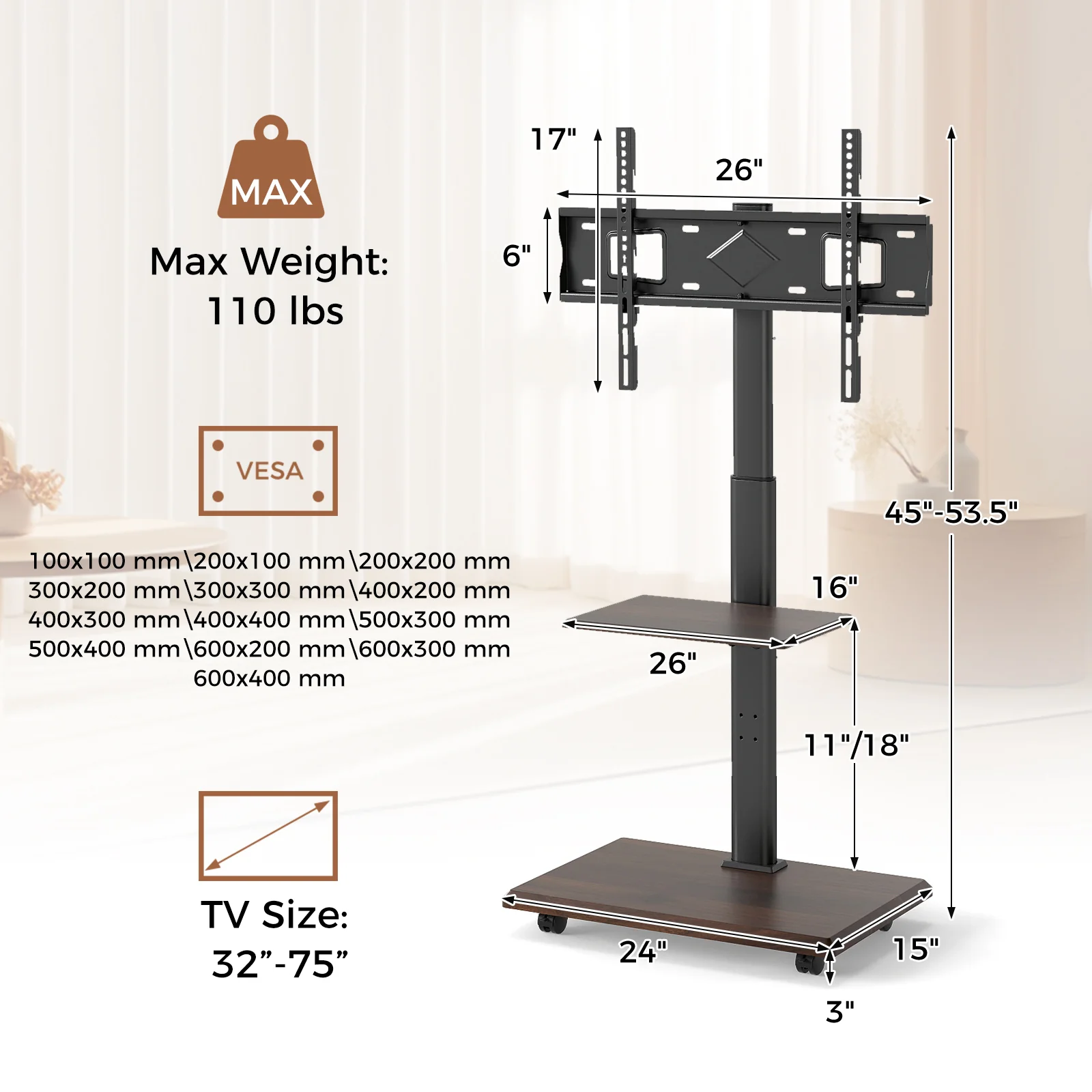 Rolling TV Stand on Wheels Mobile TV Cart for 32-75 Inch TVs Portable AV Cart, Black - Image 6