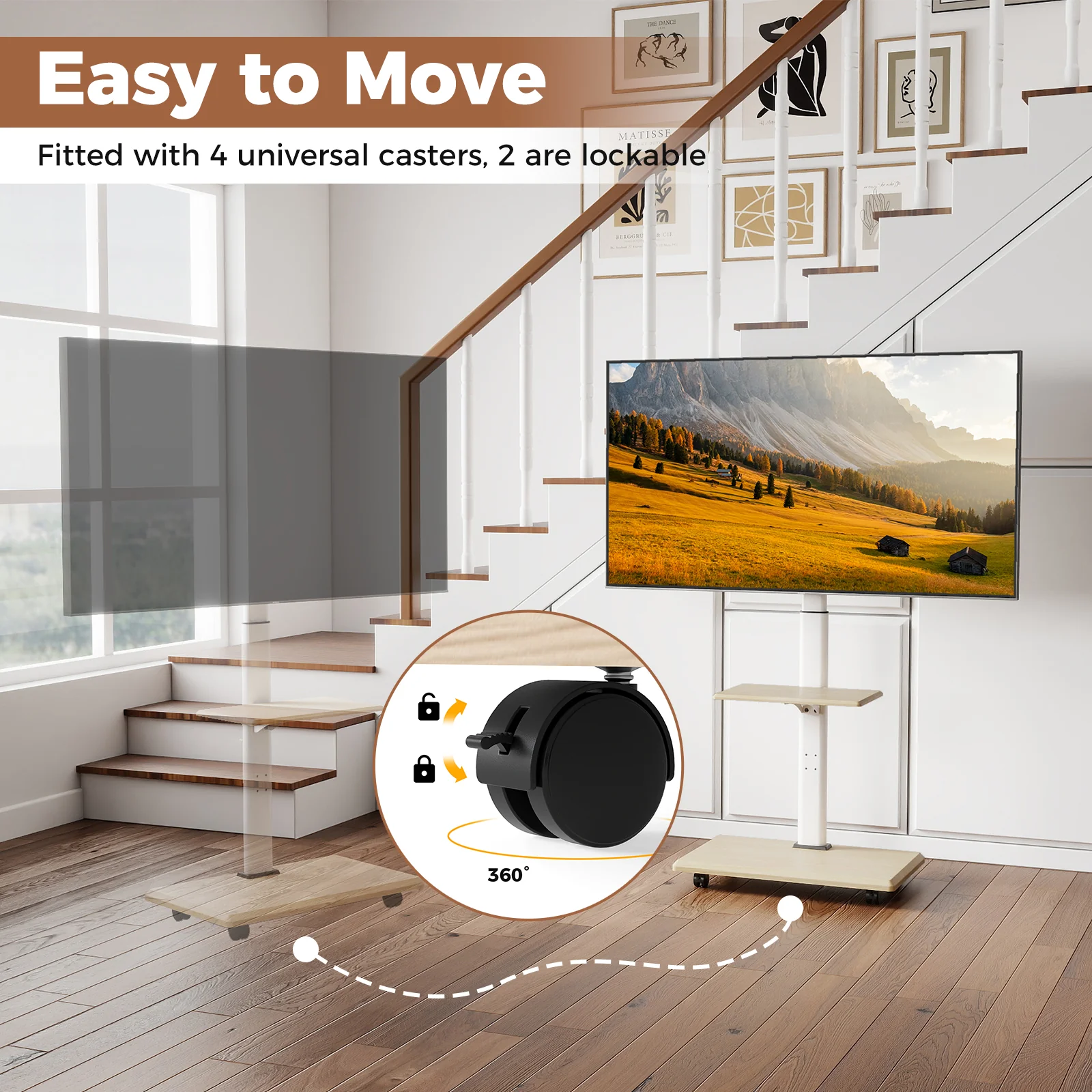 Rolling TV Stand on Wheels Mobile TV Cart for 32-75 Inch TVs Portable AV Cart, Natural - Image 10