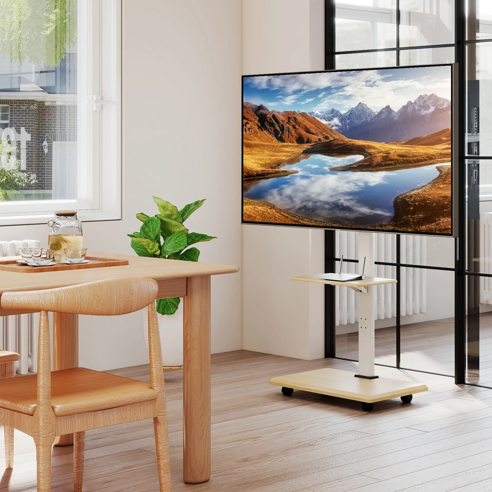 Rolling TV Stand on Wheels Mobile TV Cart for 32-75 Inch TVs Portable AV Cart, Natural - Image 2