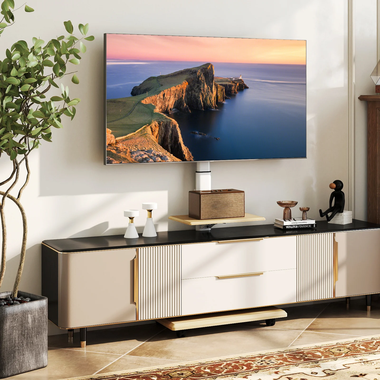 Rolling TV Stand on Wheels Mobile TV Cart for 32-75 Inch TVs Portable AV Cart, Natural - Image 3
