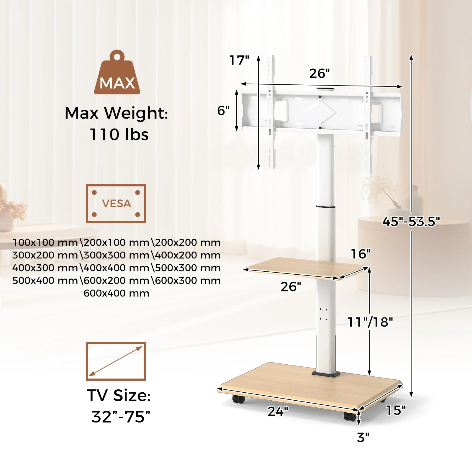 Rolling TV Stand on Wheels Mobile TV Cart for 32-75 Inch TVs Portable AV Cart, Natural - Image 6