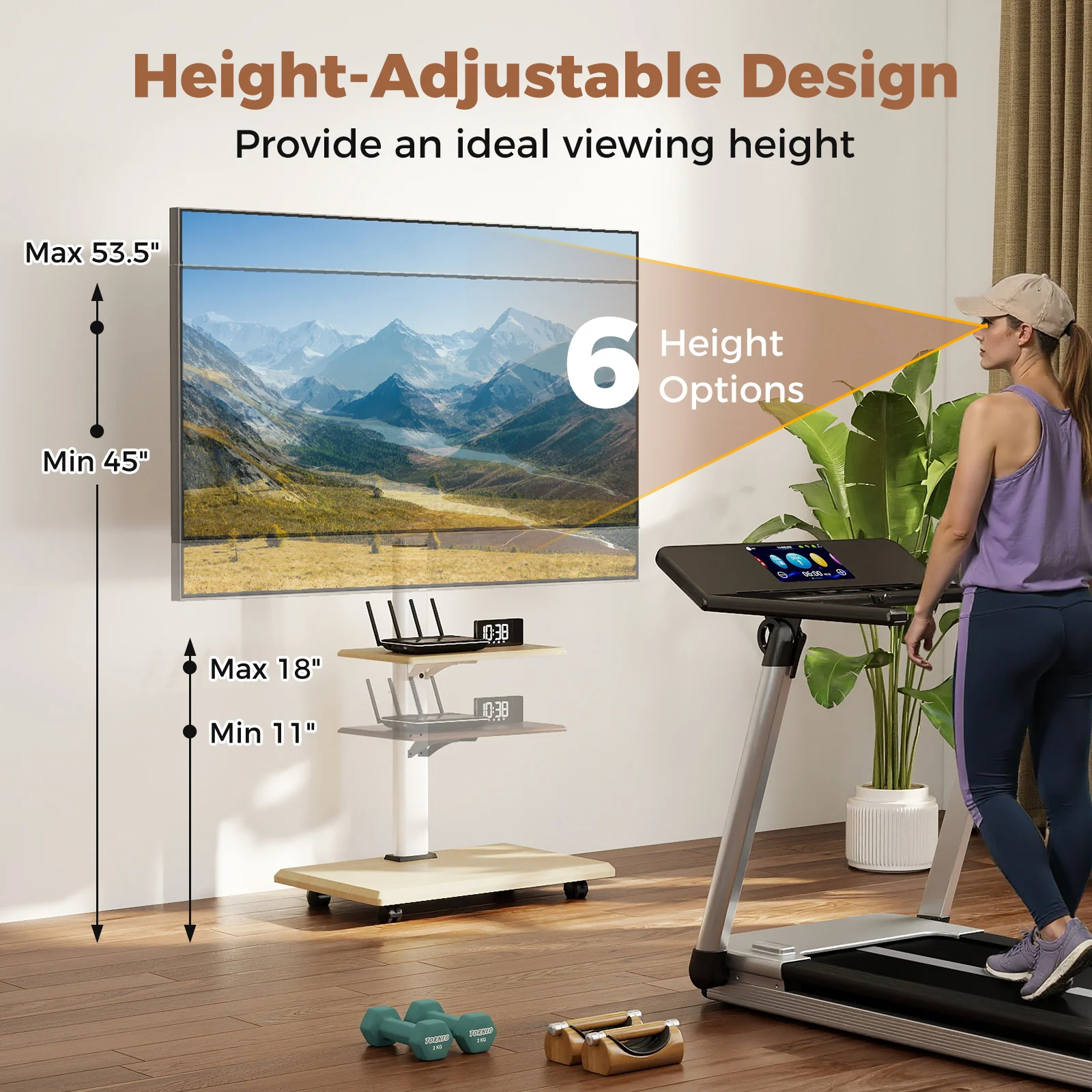 Rolling TV Stand on Wheels Mobile TV Cart for 32-75 Inch TVs Portable AV Cart, Natural - Image 9
