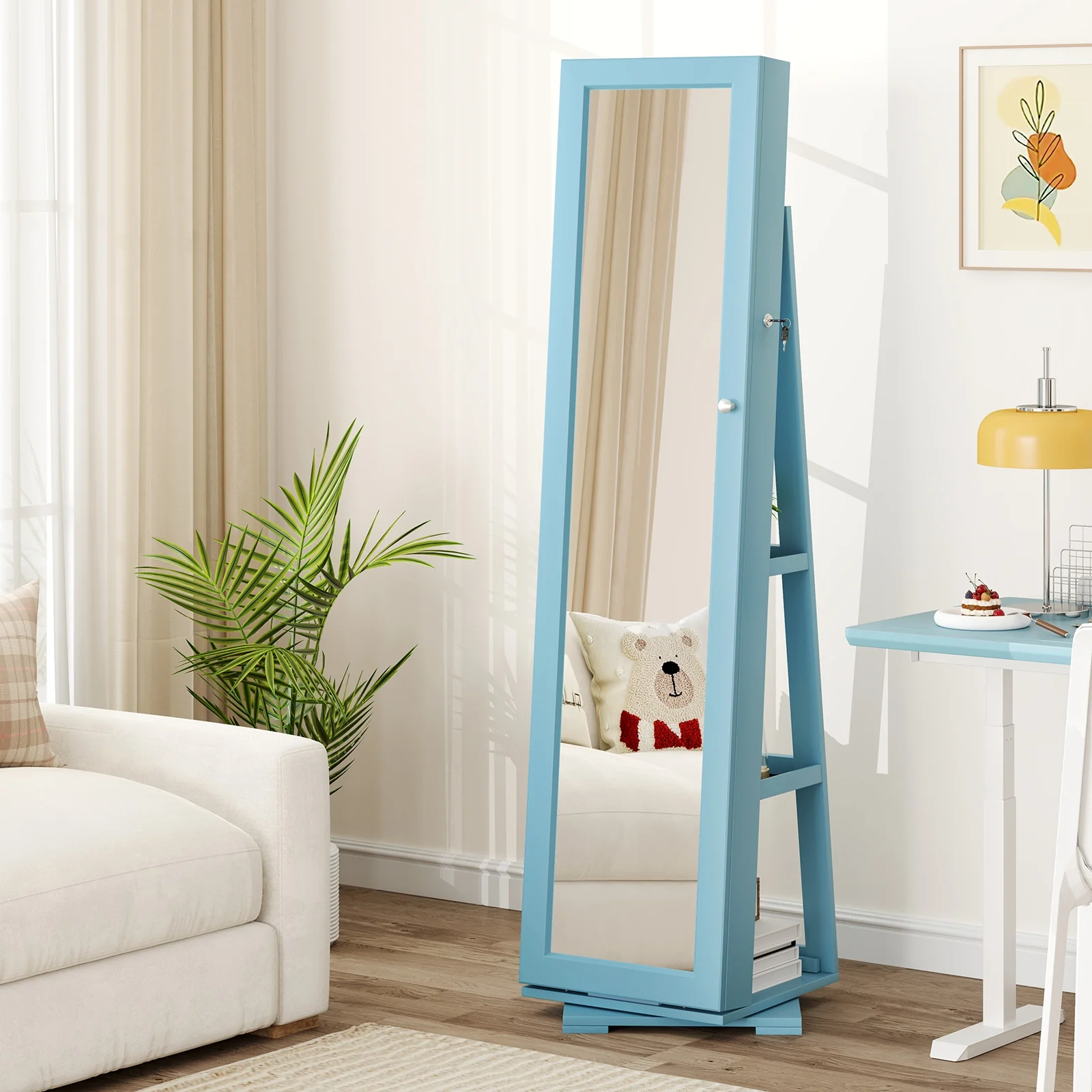 Rotatable 2-in-1 Lockable Jewelry Cabinet, Full-Length Mirror, Blue - Image 2