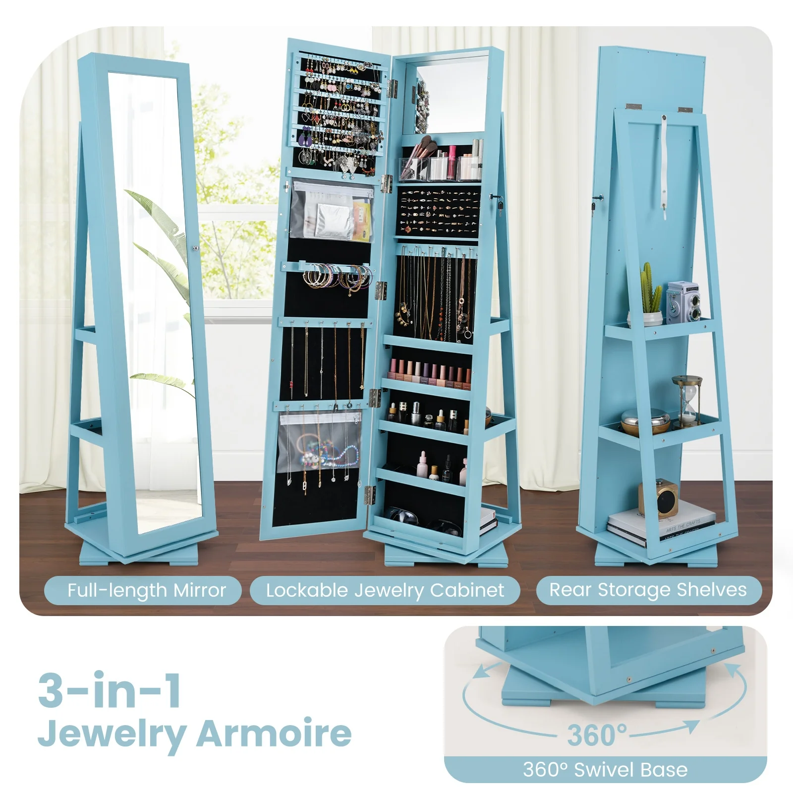 Rotatable 2-in-1 Lockable Jewelry Cabinet, Full-Length Mirror, Blue - Image 8