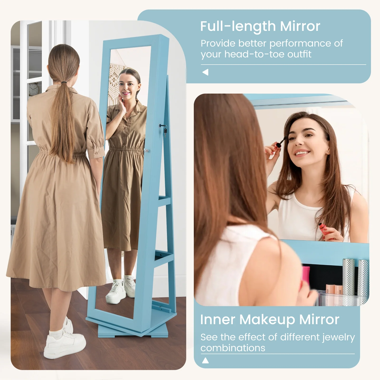 Rotatable 2-in-1 Lockable Jewelry Cabinet, Full-Length Mirror, Blue - Image 9