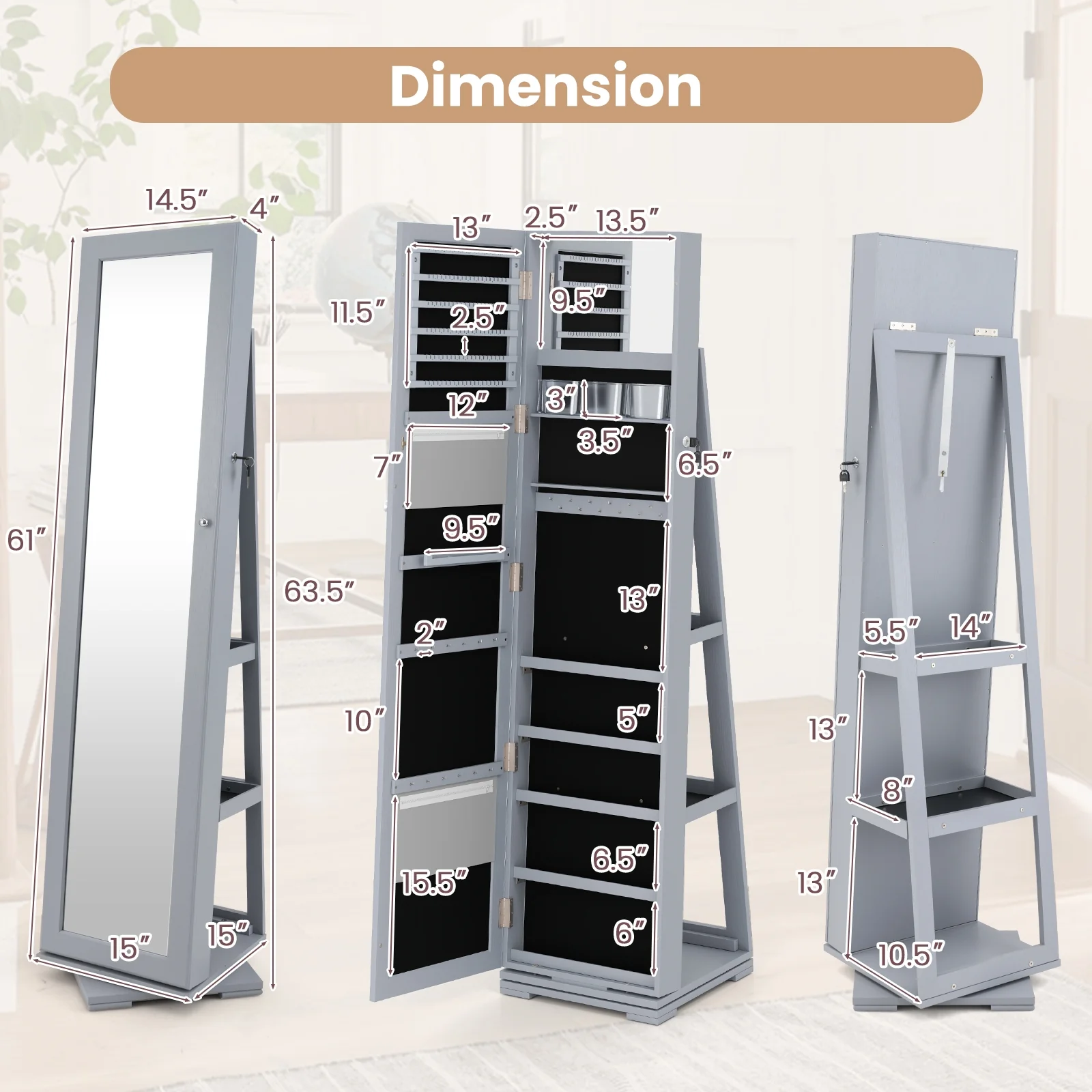 Rotatable 2-in-1 Lockable Jewelry Cabinet, Full-Length Mirror, Gray - Image 5