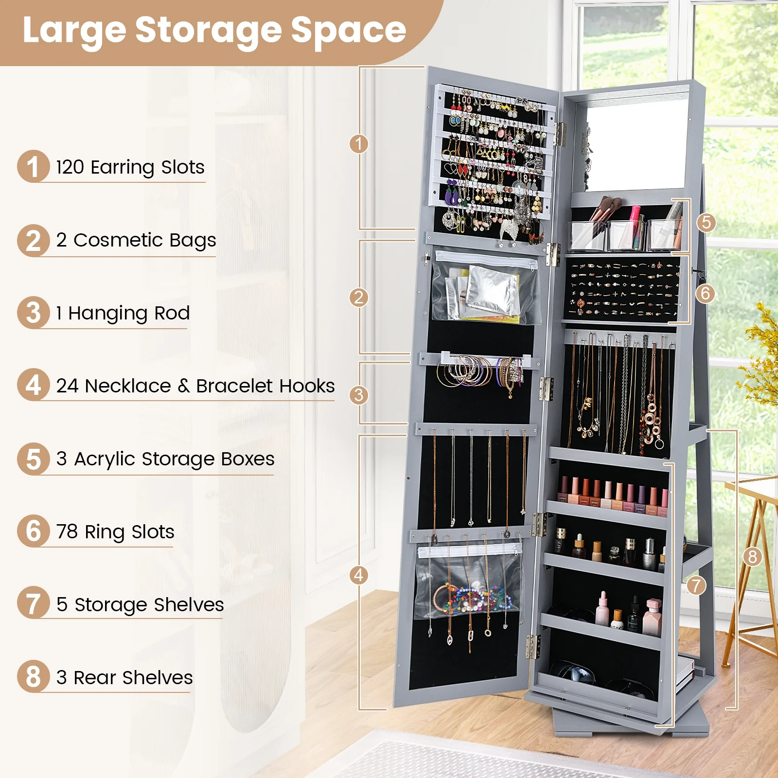Rotatable 2-in-1 Lockable Jewelry Cabinet, Full-Length Mirror, Gray - Image 7