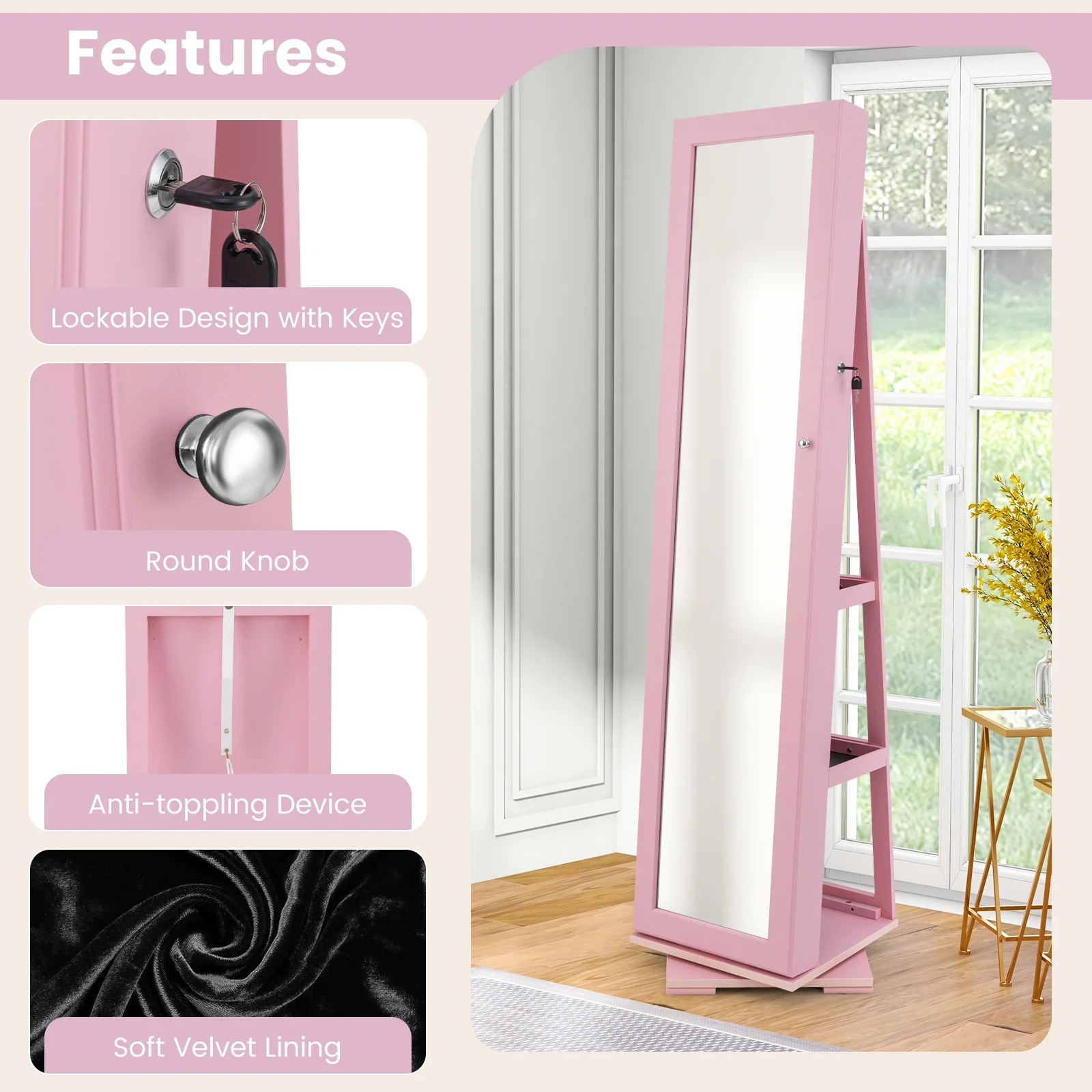 Rotatable 2-in-1 Lockable Jewelry Cabinet, Full-Length Mirror, Pink - Image 10
