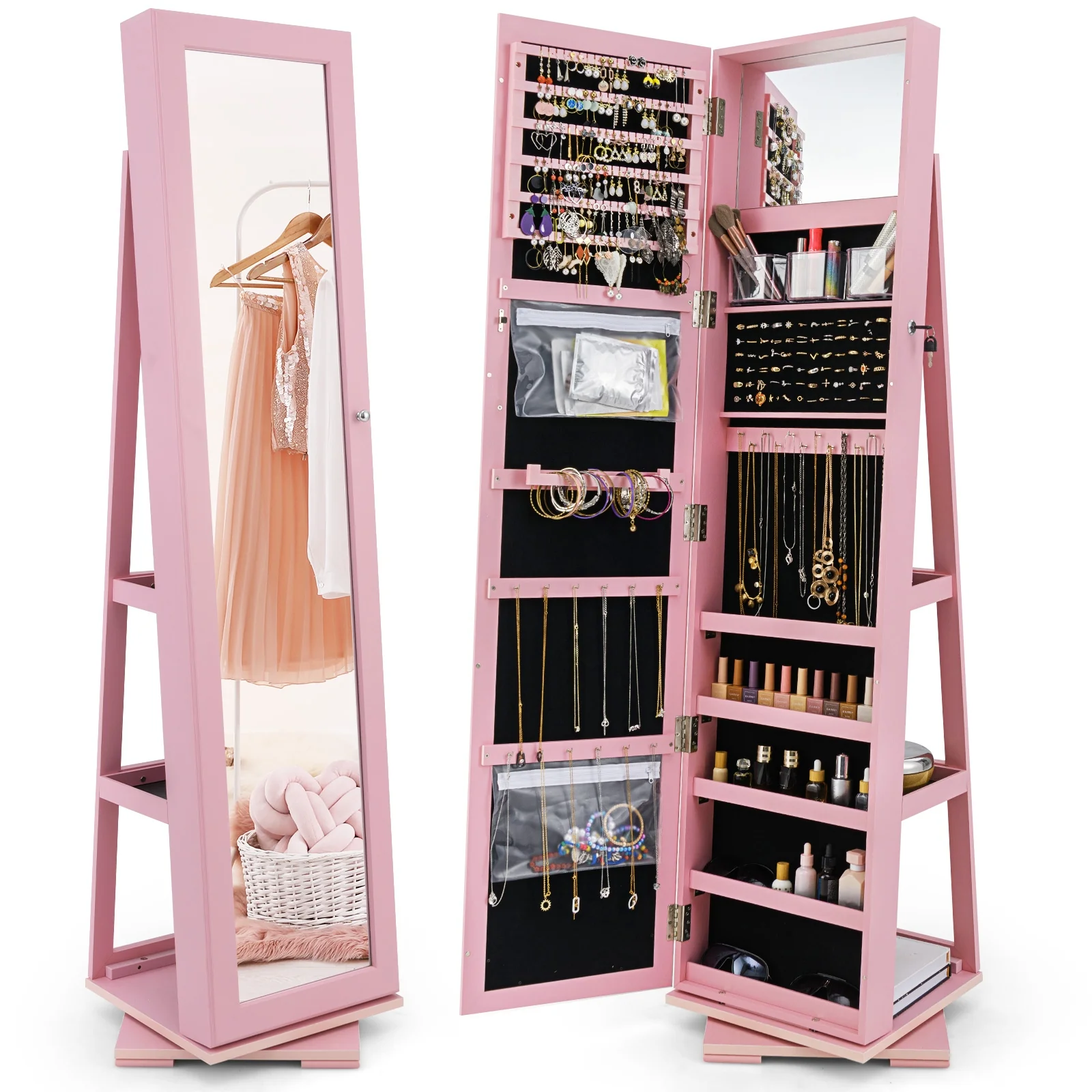 Rotatable 2-in-1 Lockable Jewelry Cabinet, Full-Length Mirror, Pink - Image 4