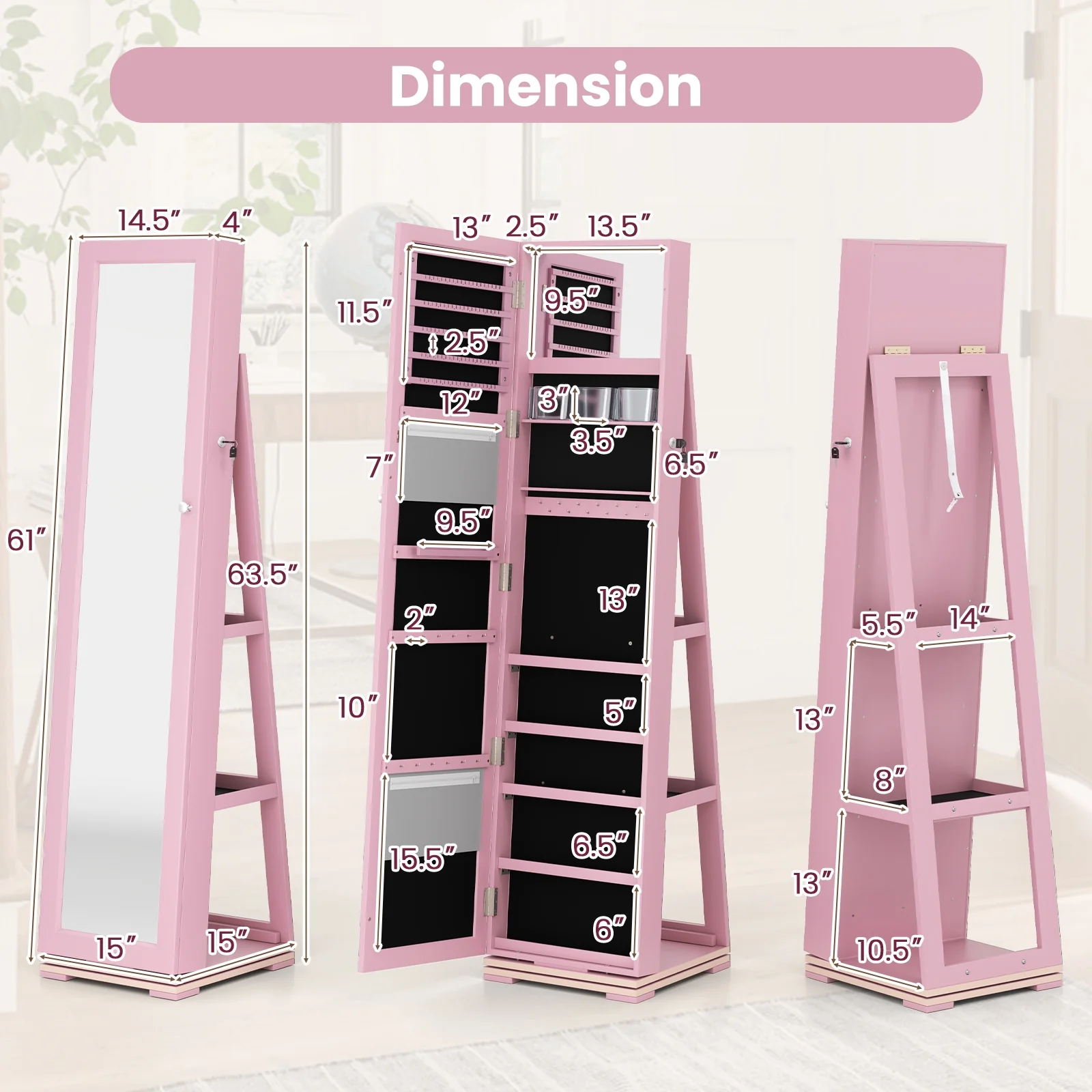Rotatable 2-in-1 Lockable Jewelry Cabinet, Full-Length Mirror, Pink - Image 5