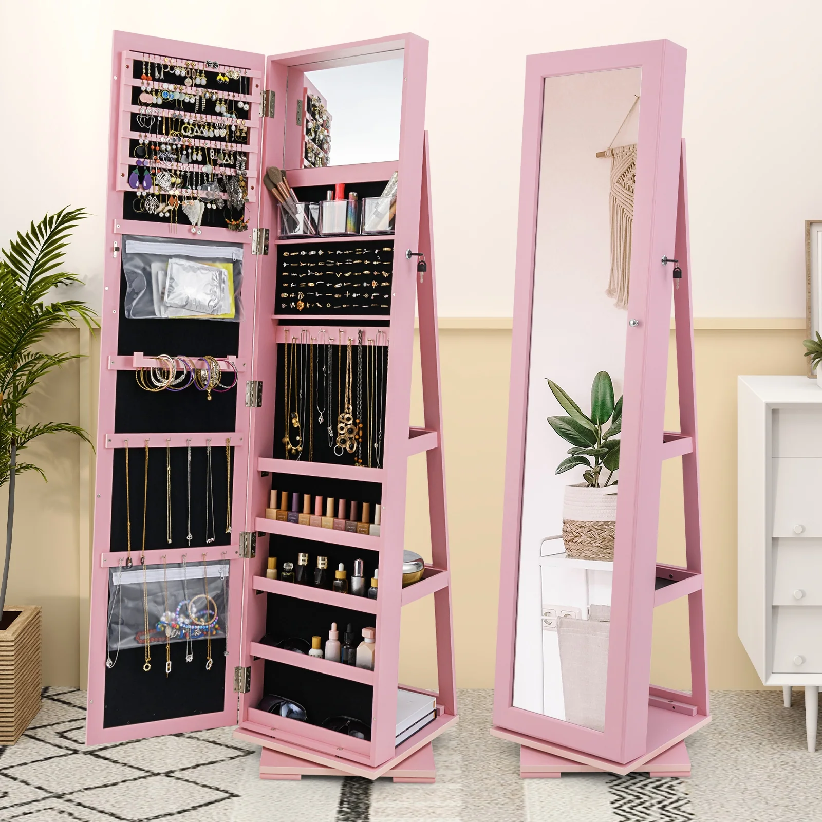 Rotatable 2-in-1 Lockable Jewelry Cabinet, Full-Length Mirror, Pink - Image 6