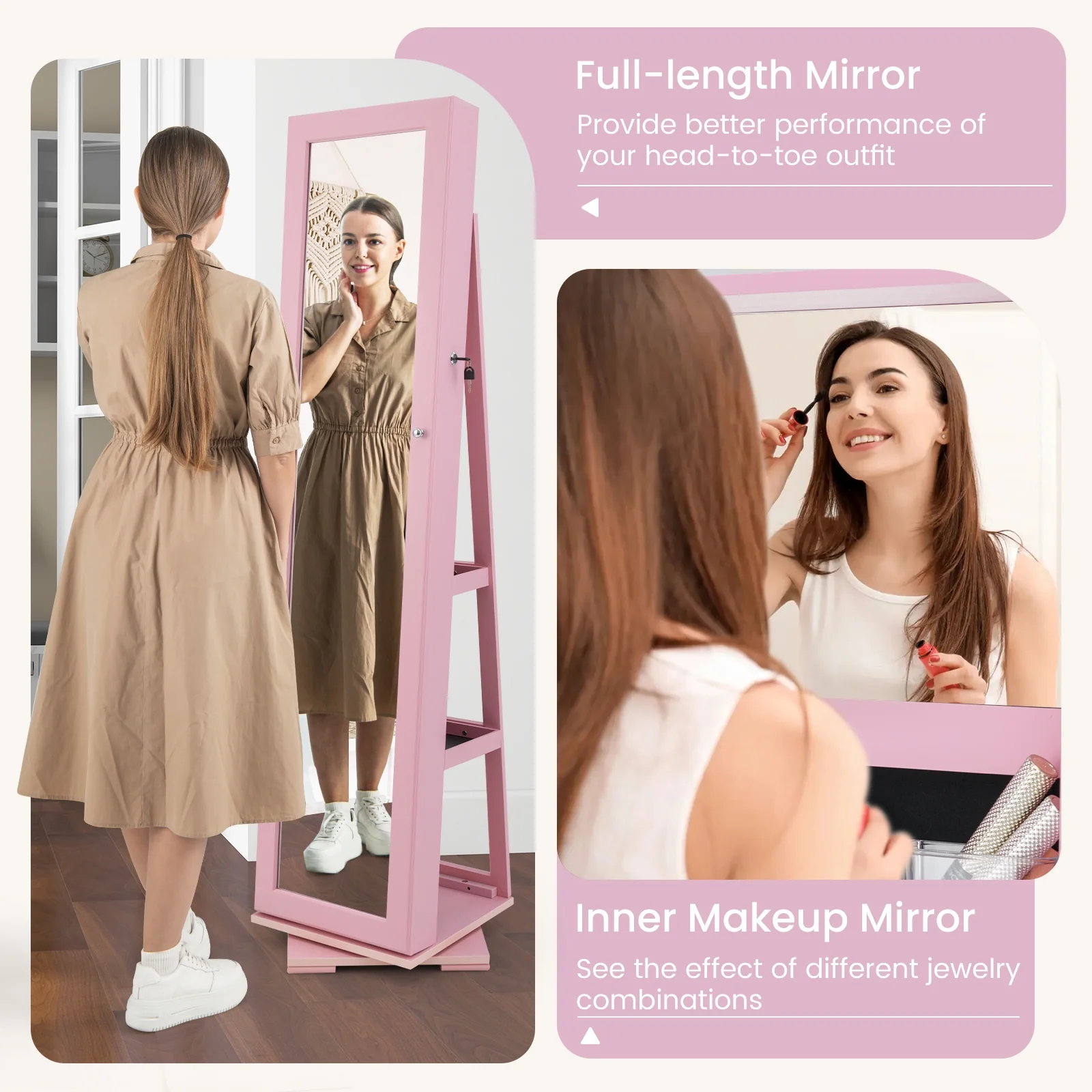 Rotatable 2-in-1 Lockable Jewelry Cabinet, Full-Length Mirror, Pink - Image 9