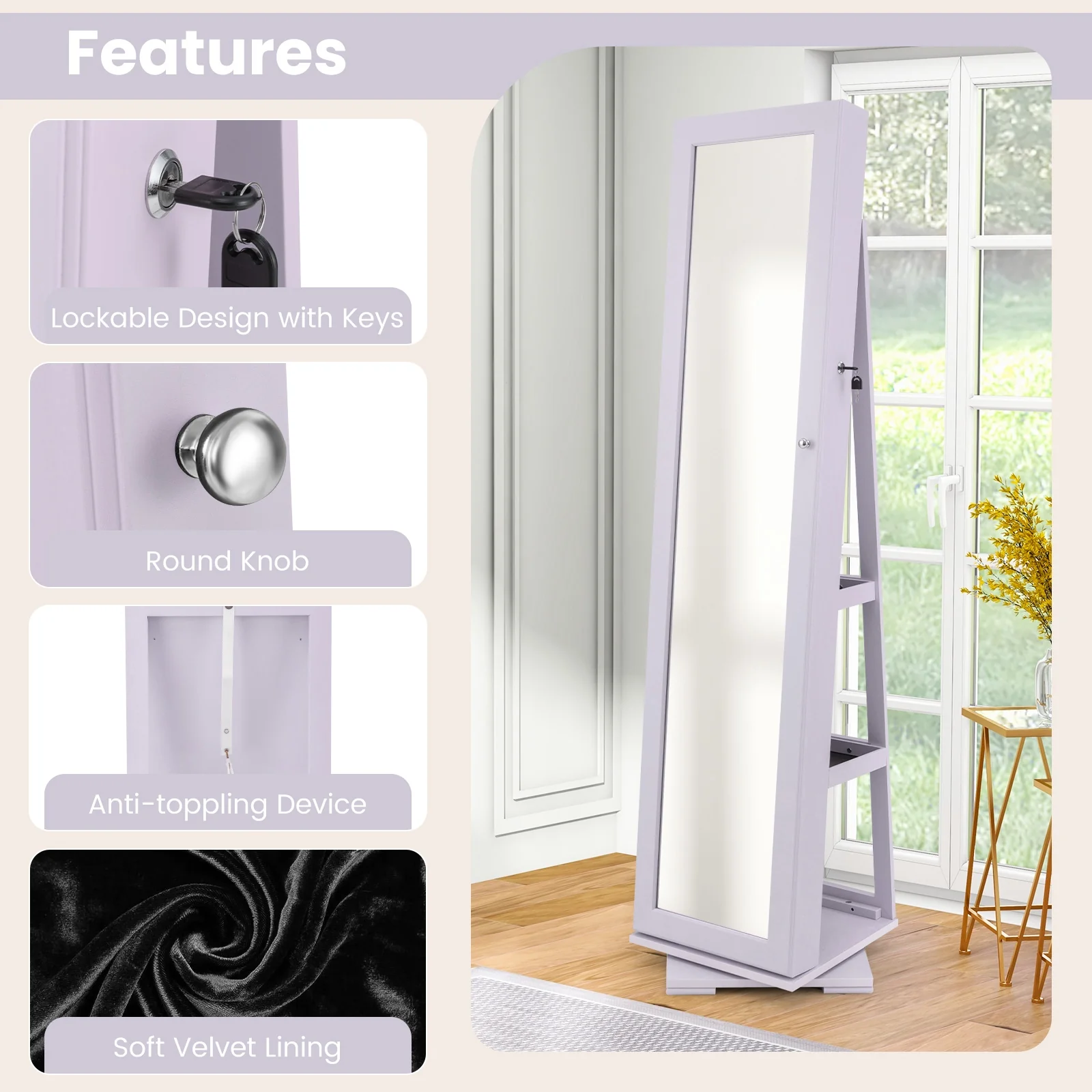 Rotatable 2-in-1 Lockable Jewelry Cabinet, Full-Length Mirror, Purple - Image 10